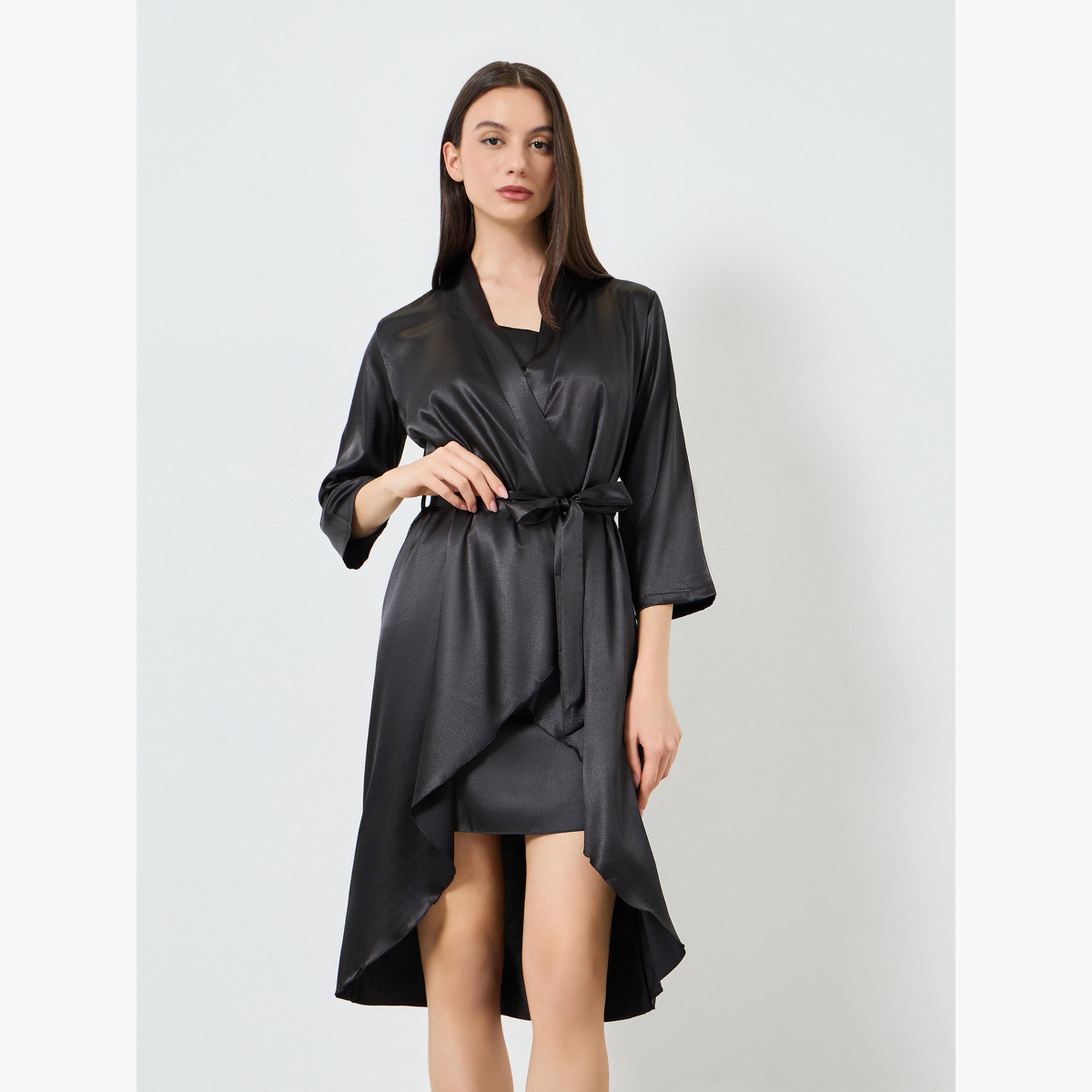 Take Two Black Side Lace Mesh Detail Slip and Robe Set-women-clothing-nightwear-robes-image-2