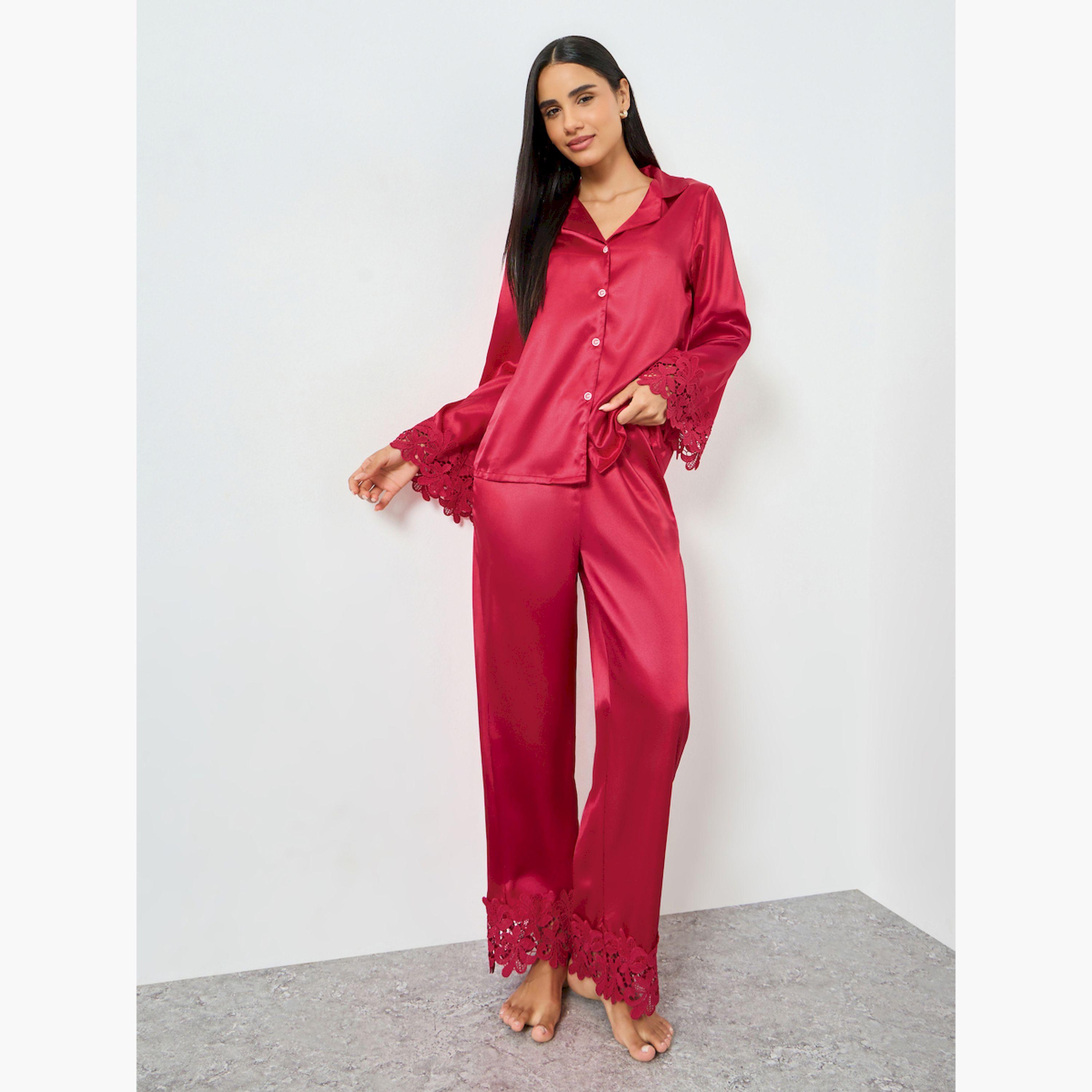 Take Two Burgundy Lace Trim Satin Shirt and Pyjama Set-women-clothing-nightwear-pyjamas-longsets-image-1