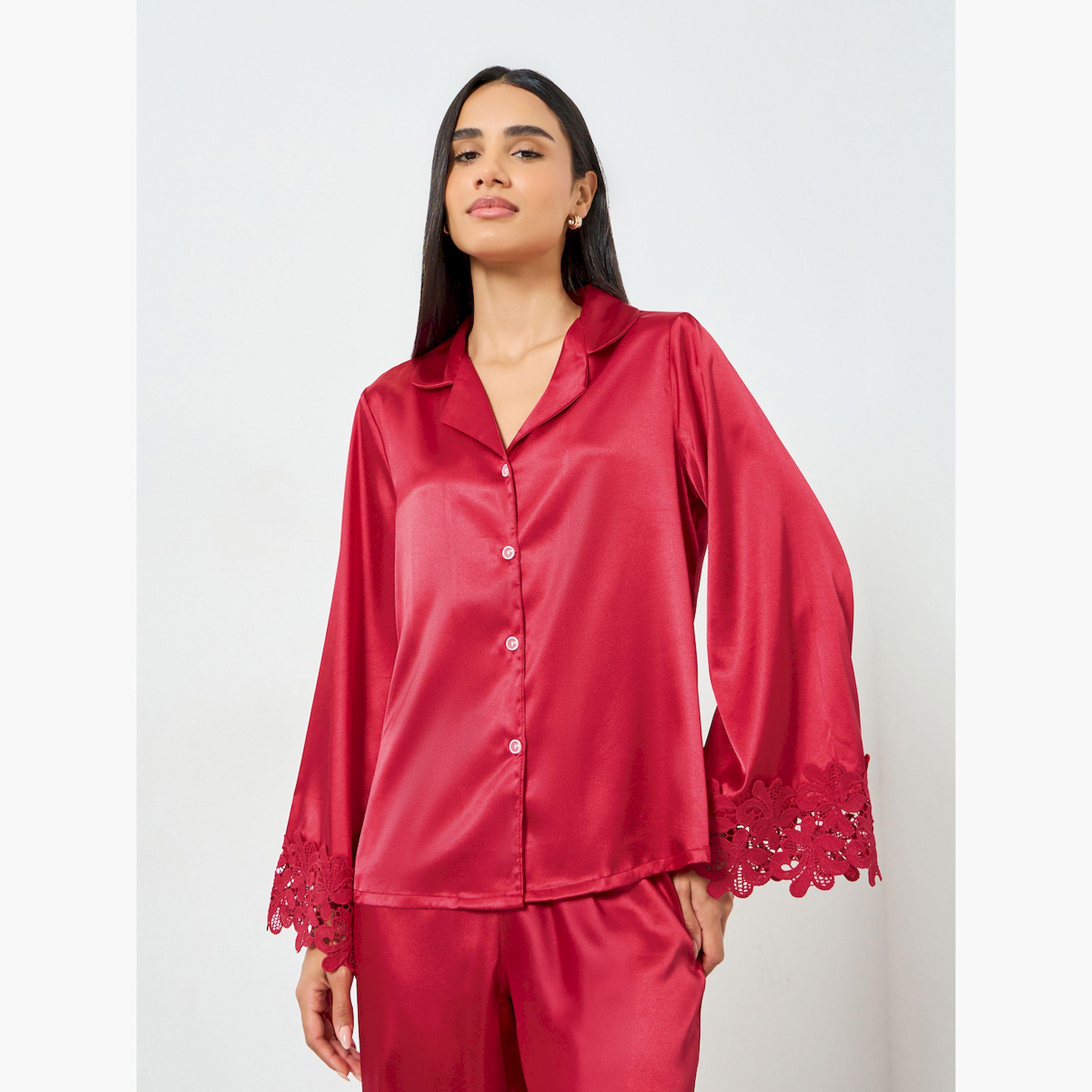 Take Two Burgundy Lace Trim Satin Shirt and Pyjama Set-women-clothing-nightwear-pyjamas-longsets-image-3