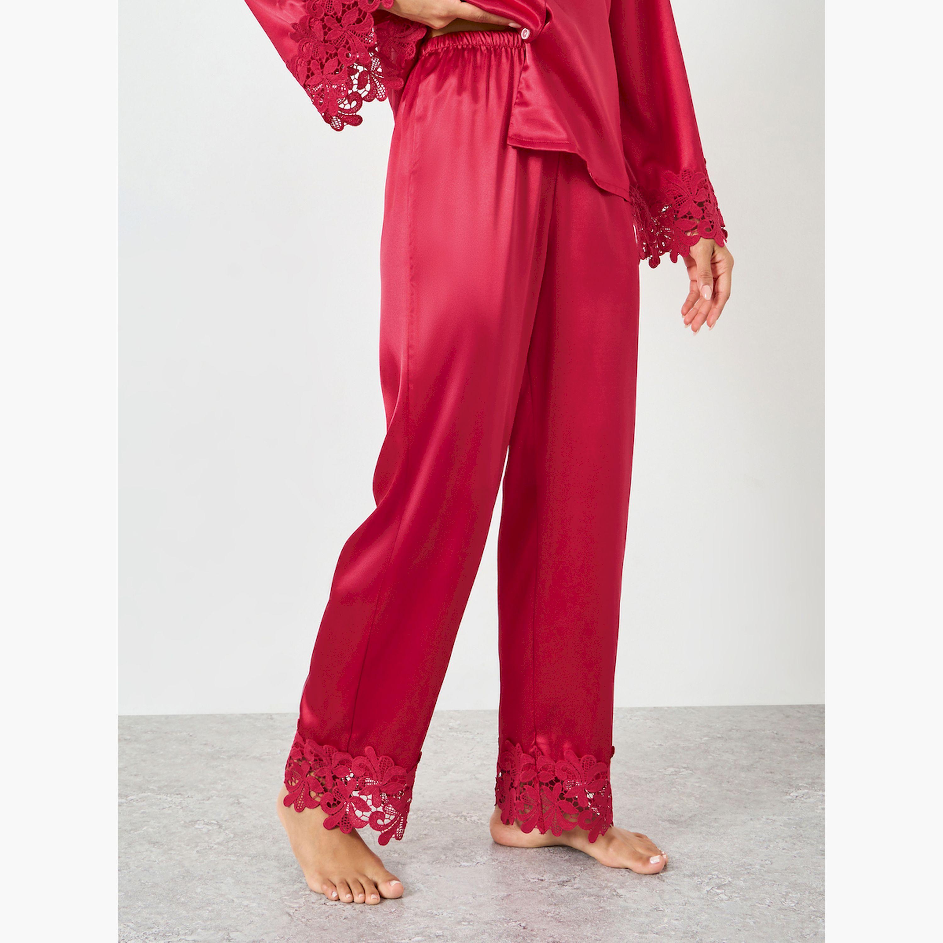Take Two Burgundy Lace Trim Satin Shirt and Pyjama Set-women-clothing-nightwear-pyjamas-longsets-image-5