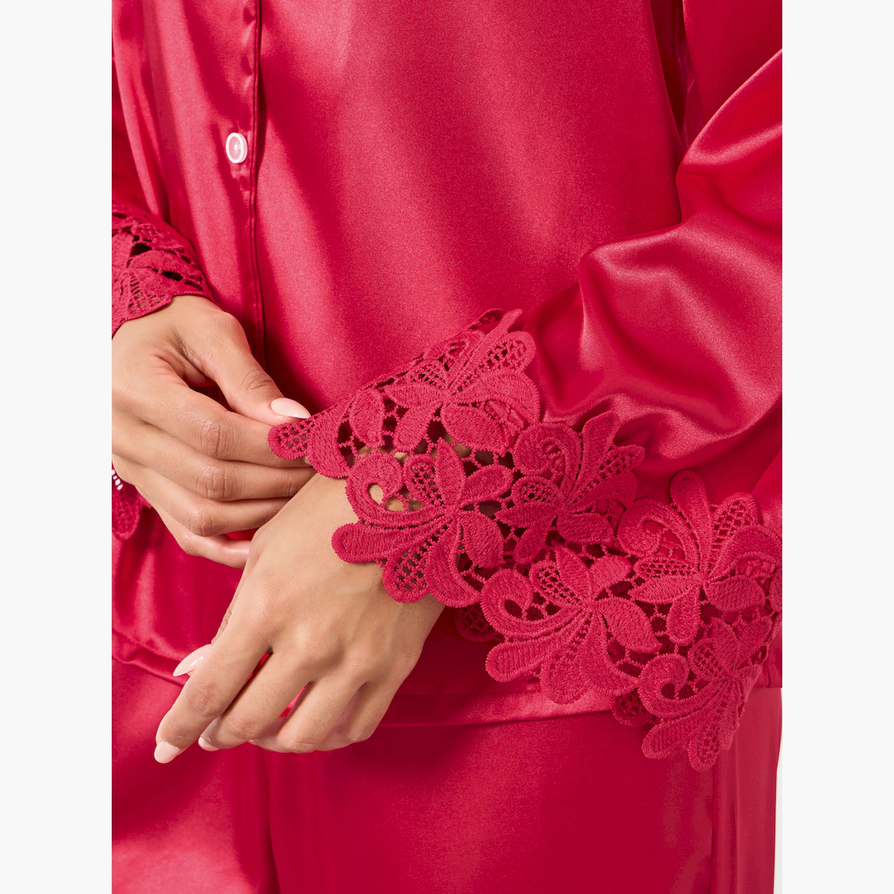 Take Two Burgundy Lace Trim Satin Shirt and Pyjama Set-women-clothing-nightwear-pyjamas-longsets-image-6