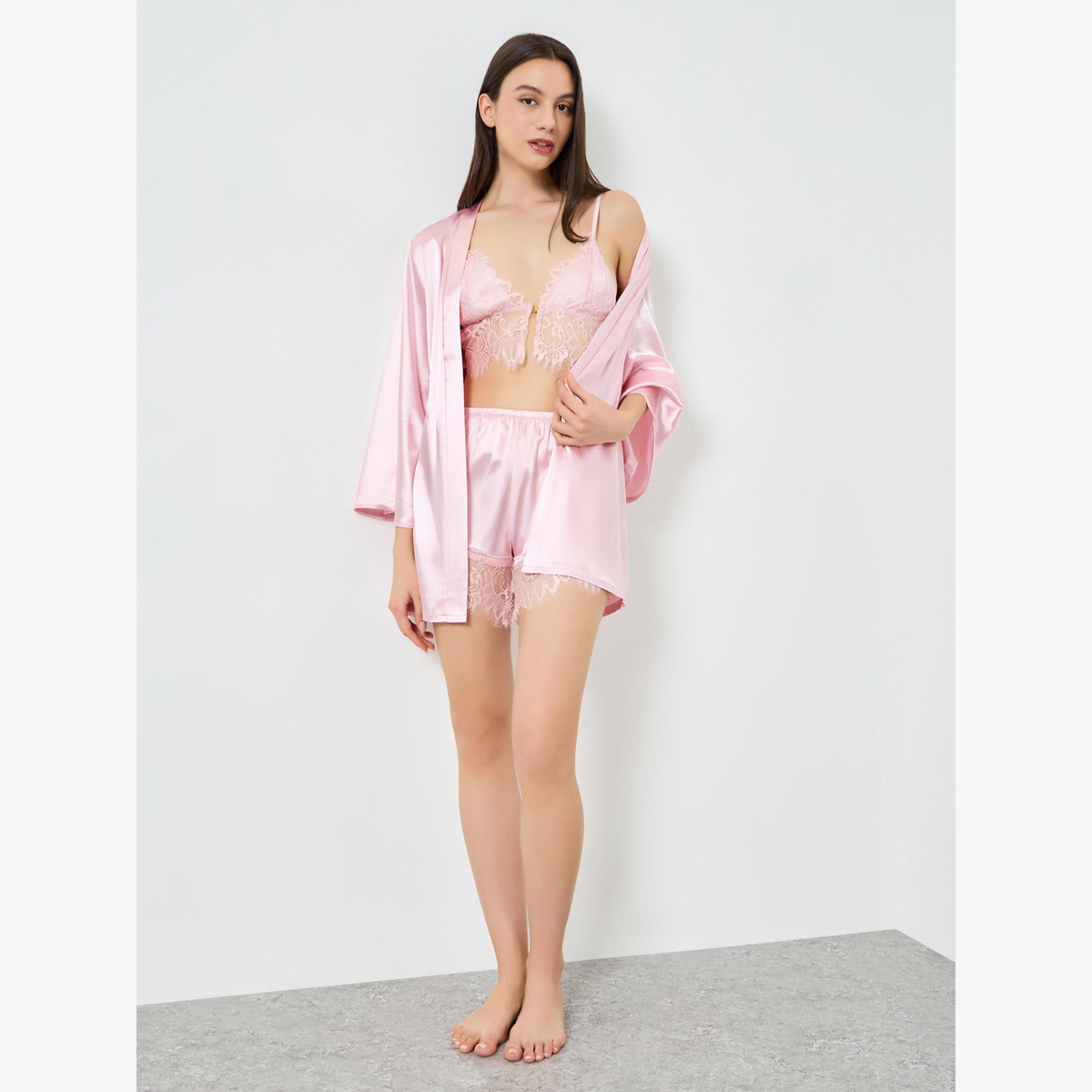 مجموعة من 3 قطع روب وبلوزة بحمالات دانتيل ولباس داخلي-women-clothing-lingerie-lingeriesets-image-3