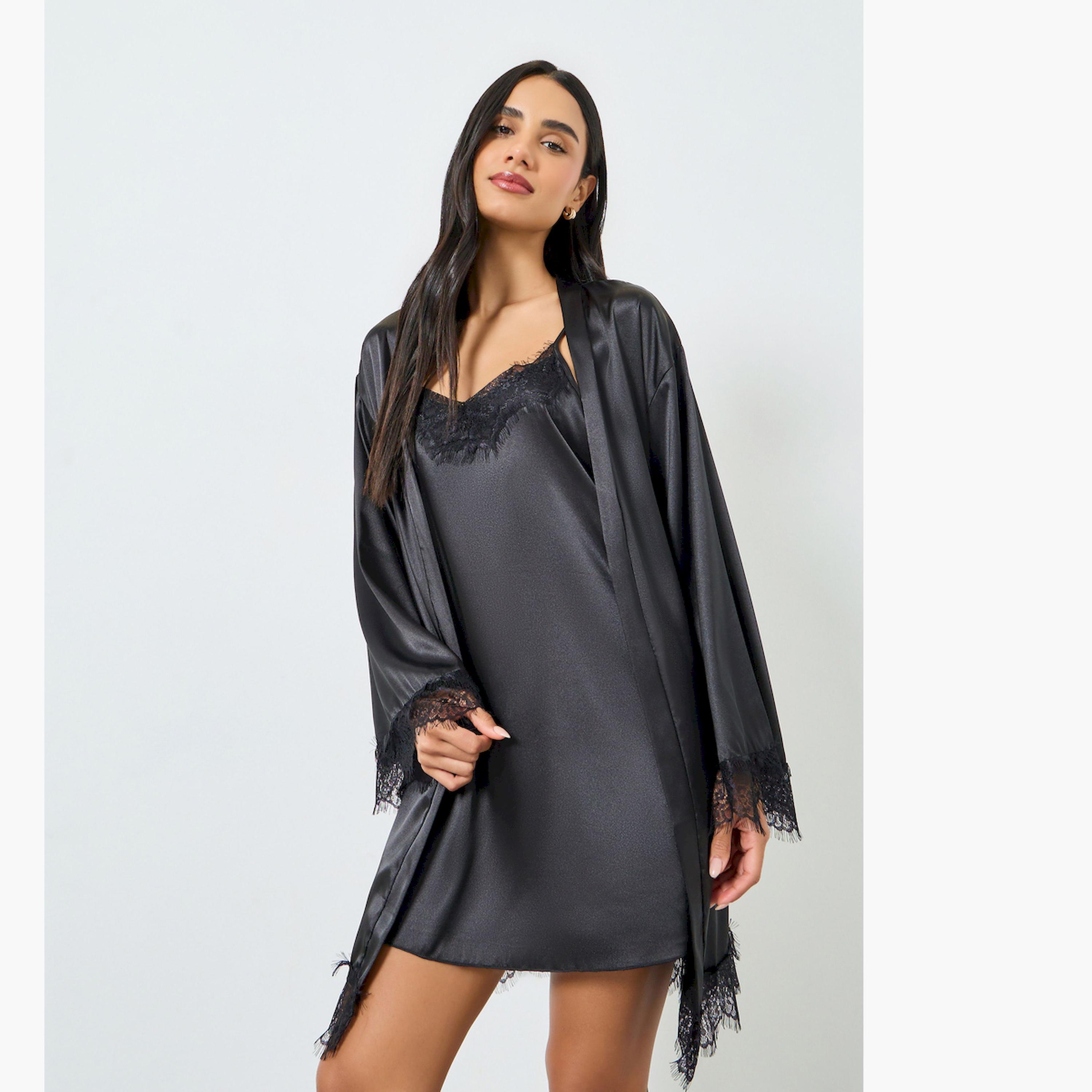 Take Two Black Lace Trim Robe and Slip Dress Set-women-clothing-nightwear-robes-image-1
