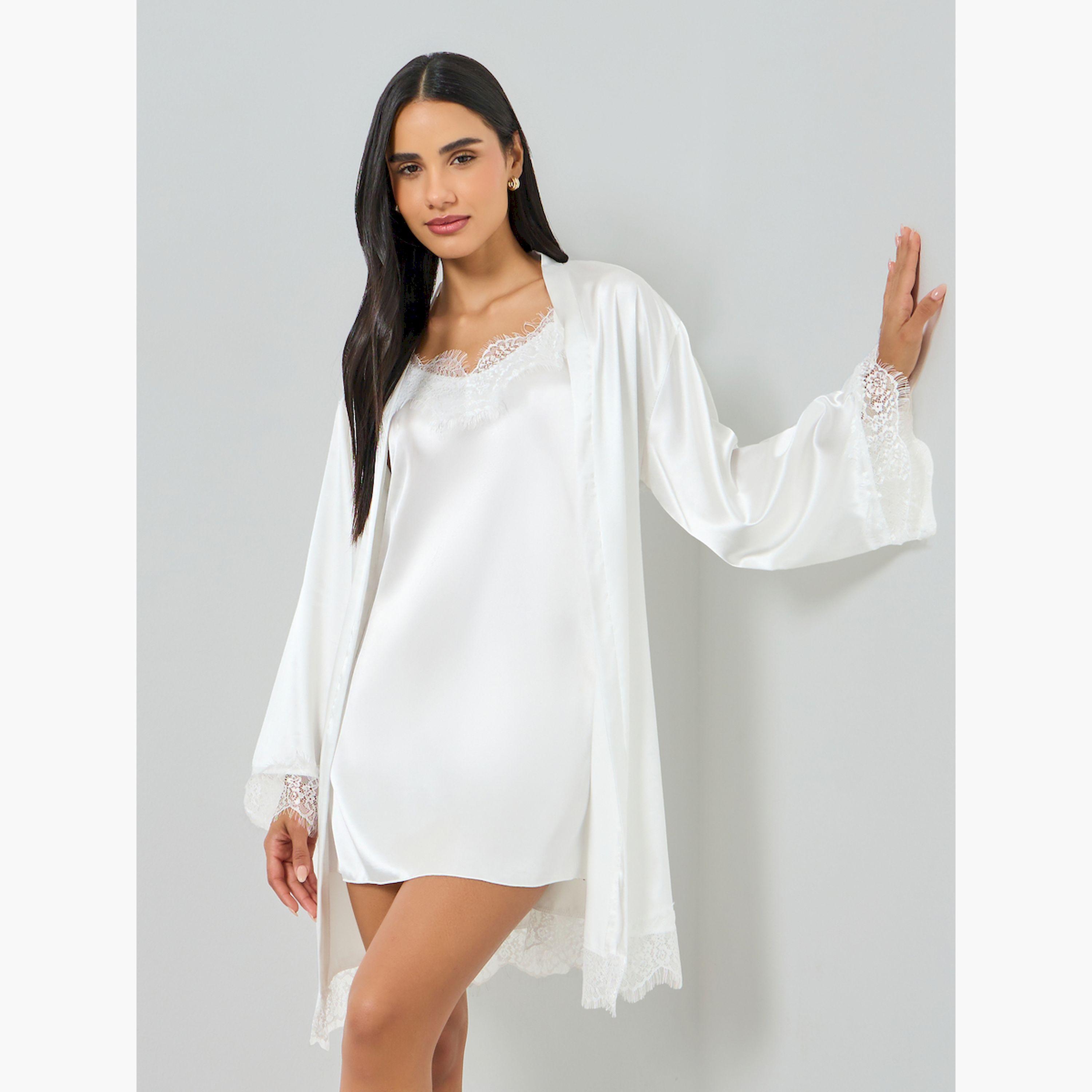 Take Two White Lace Trim Robe and Slip Dress Set-women-clothing-nightwear-robes-image-2