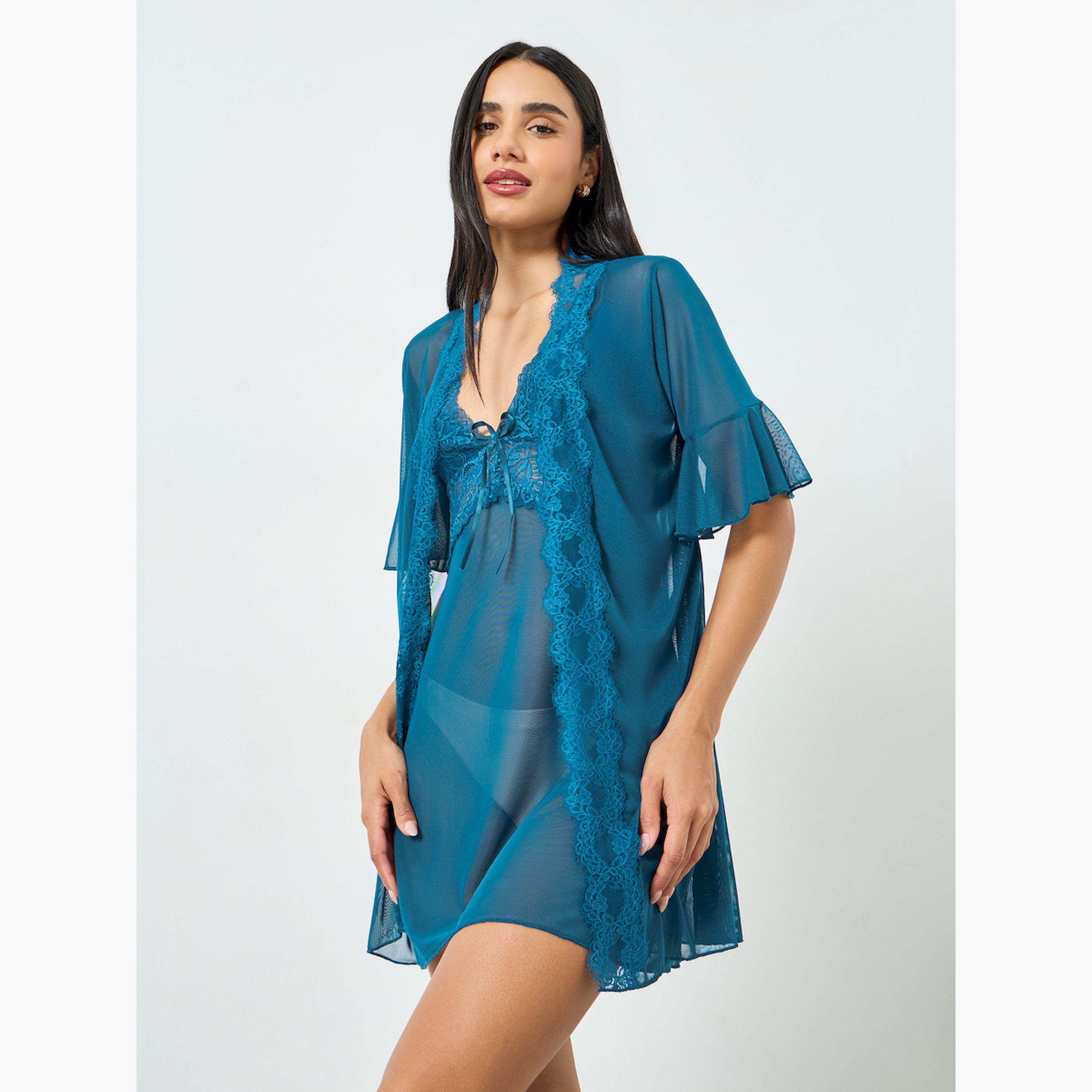 تيك تو × ستايلي - طقم قطعتين – روب شفاف بحواف دانتيل مع قميص داخلي (سليب)-women-clothing-nightwear-robes-image-1