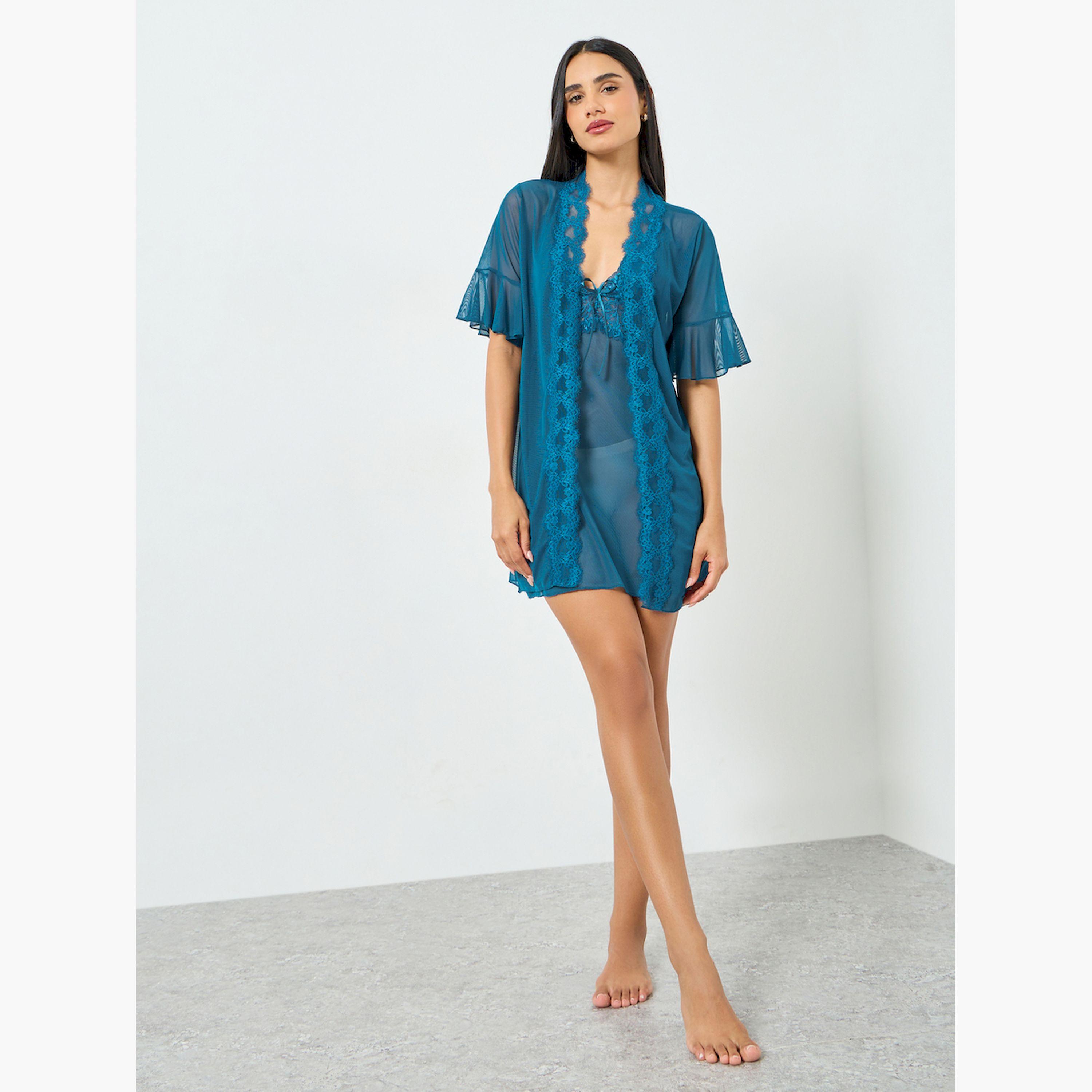 Take Two Pack of 2 -  Lace Trim Sheer Robe and Slip Set-women-clothing-nightwear-robes-image-2