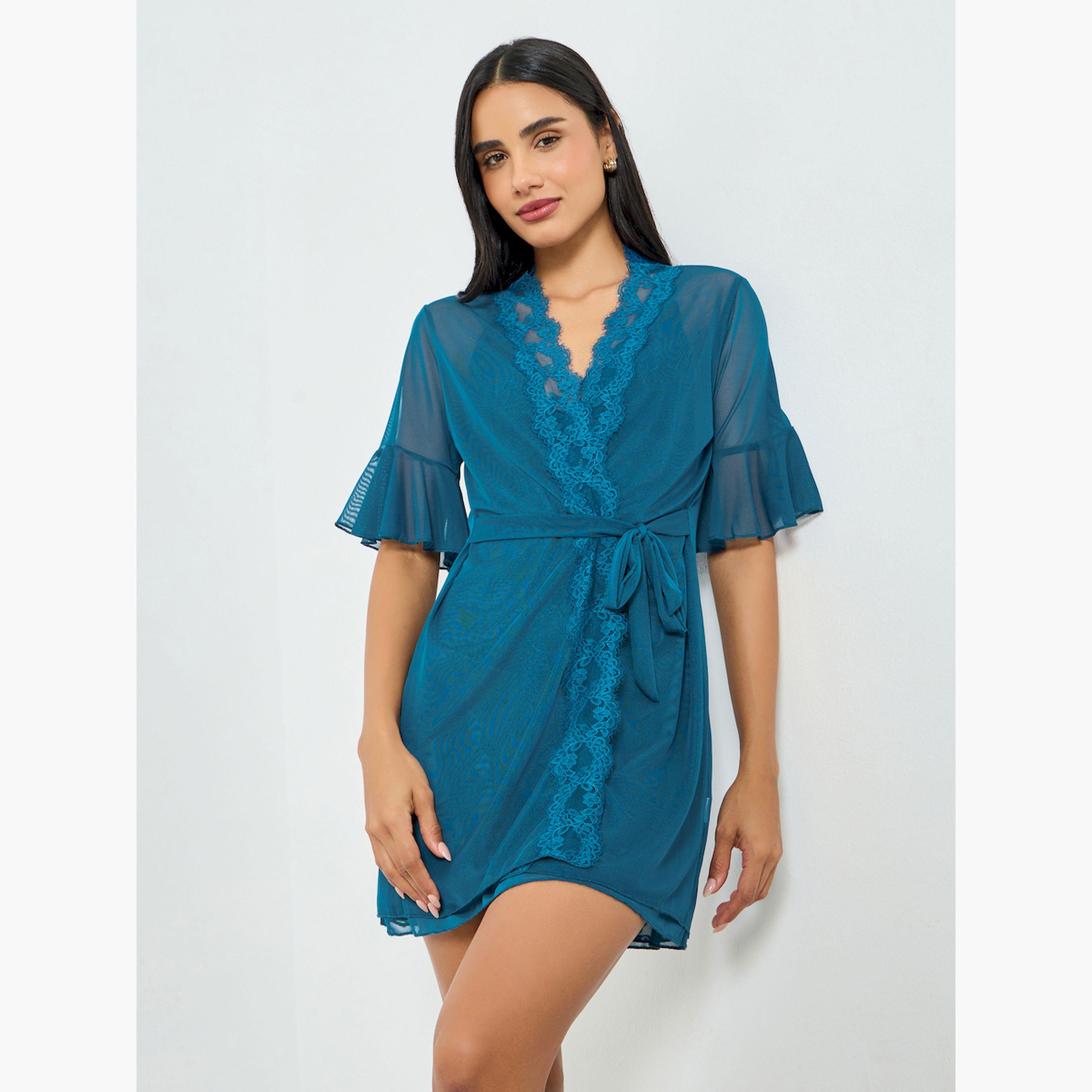 Take Two Pack of 2 -  Lace Trim Sheer Robe and Slip Set-women-clothing-nightwear-robes-image-5