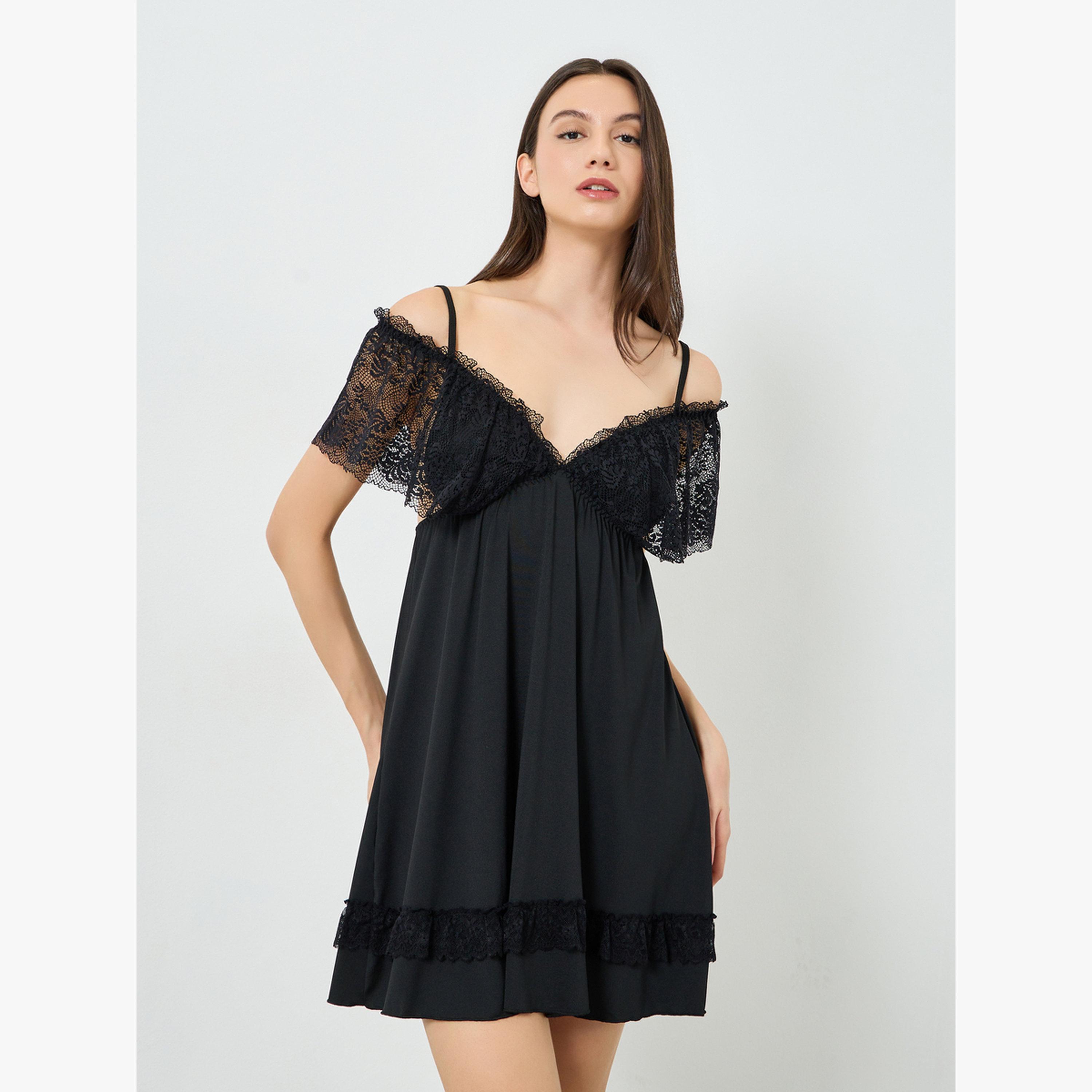 Take Two Black Lace Trim Slip Dress-women-clothing-nightwear-nighties-image-1