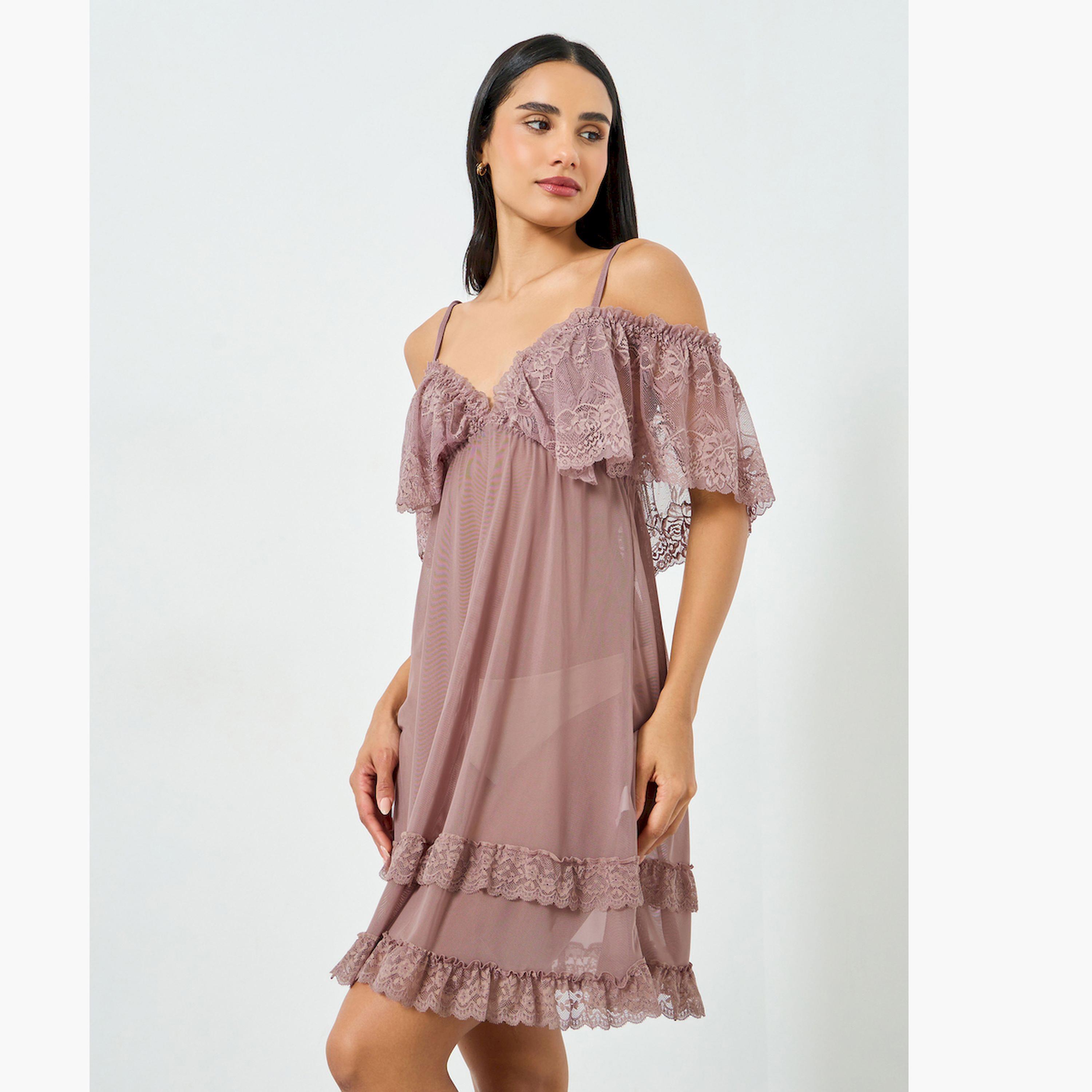 Take Two Brown Ruffle Lace Hem Slip Dress-women-clothing-nightwear-nighties-image-1