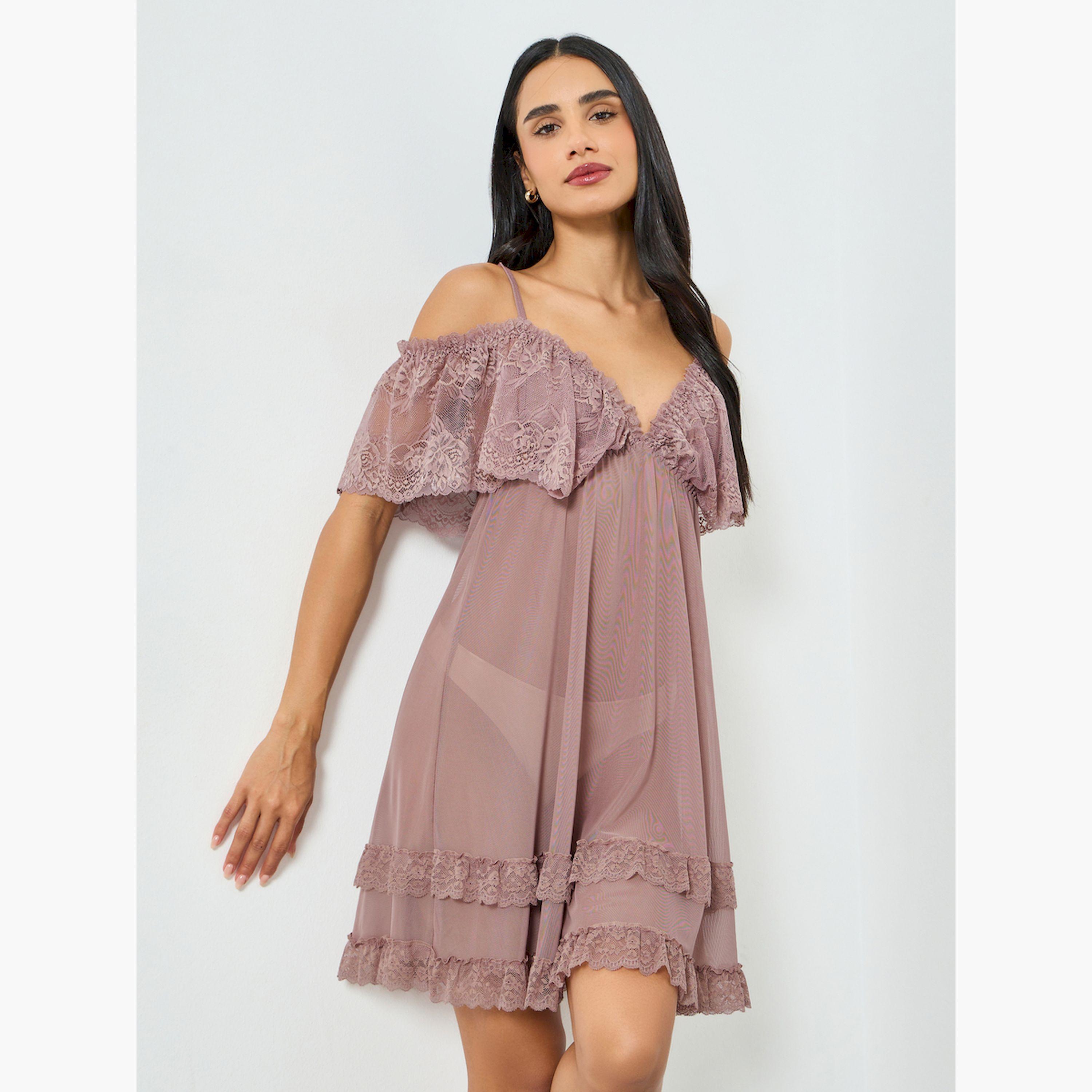 Take Two Brown Ruffle Lace Hem Slip Dress-women-clothing-nightwear-nighties-image-2