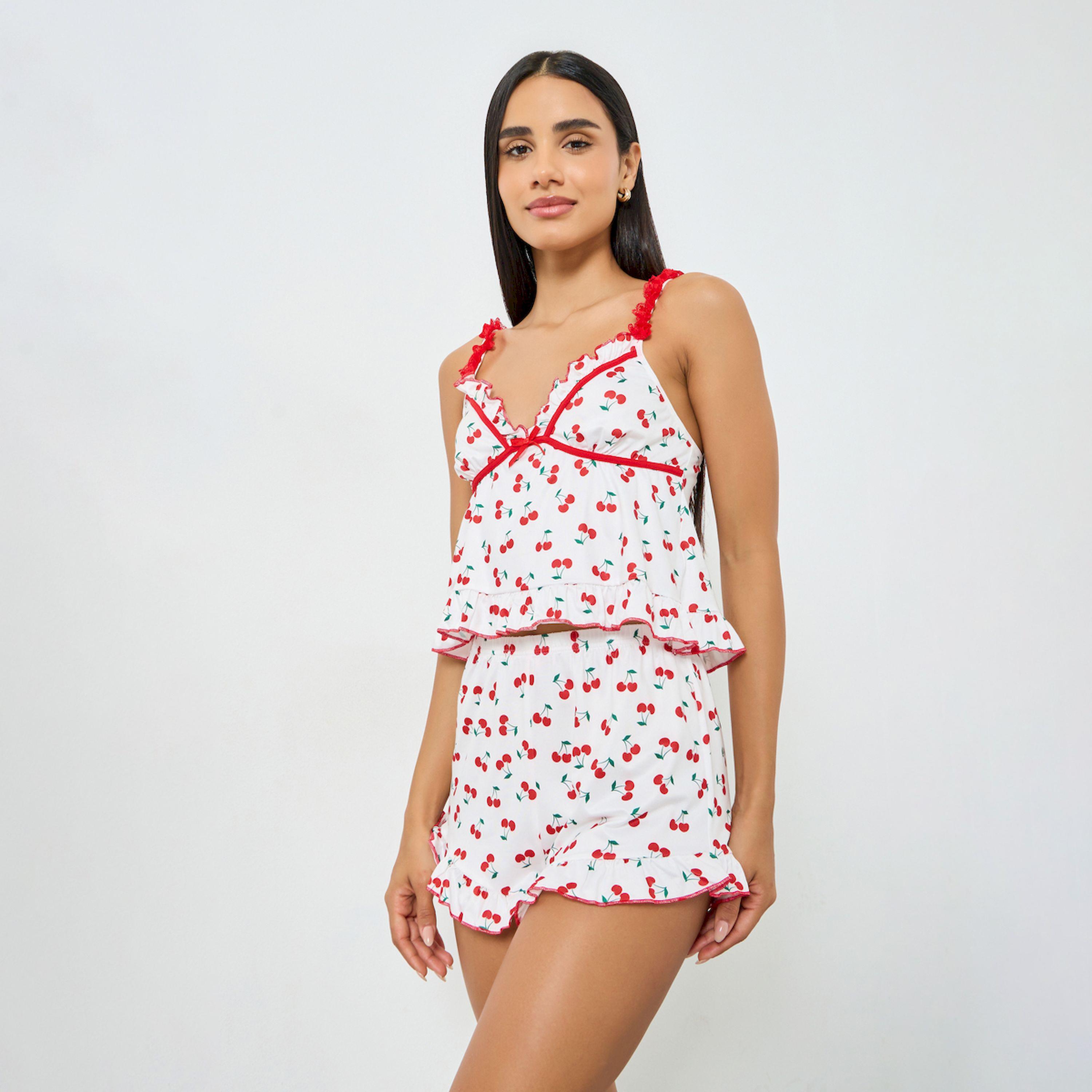 Take Two White Cherry Graphic Print Ruffle Hem Camisole and Shorts Set-women-clothing-lingerie-lingeriesets-image-1