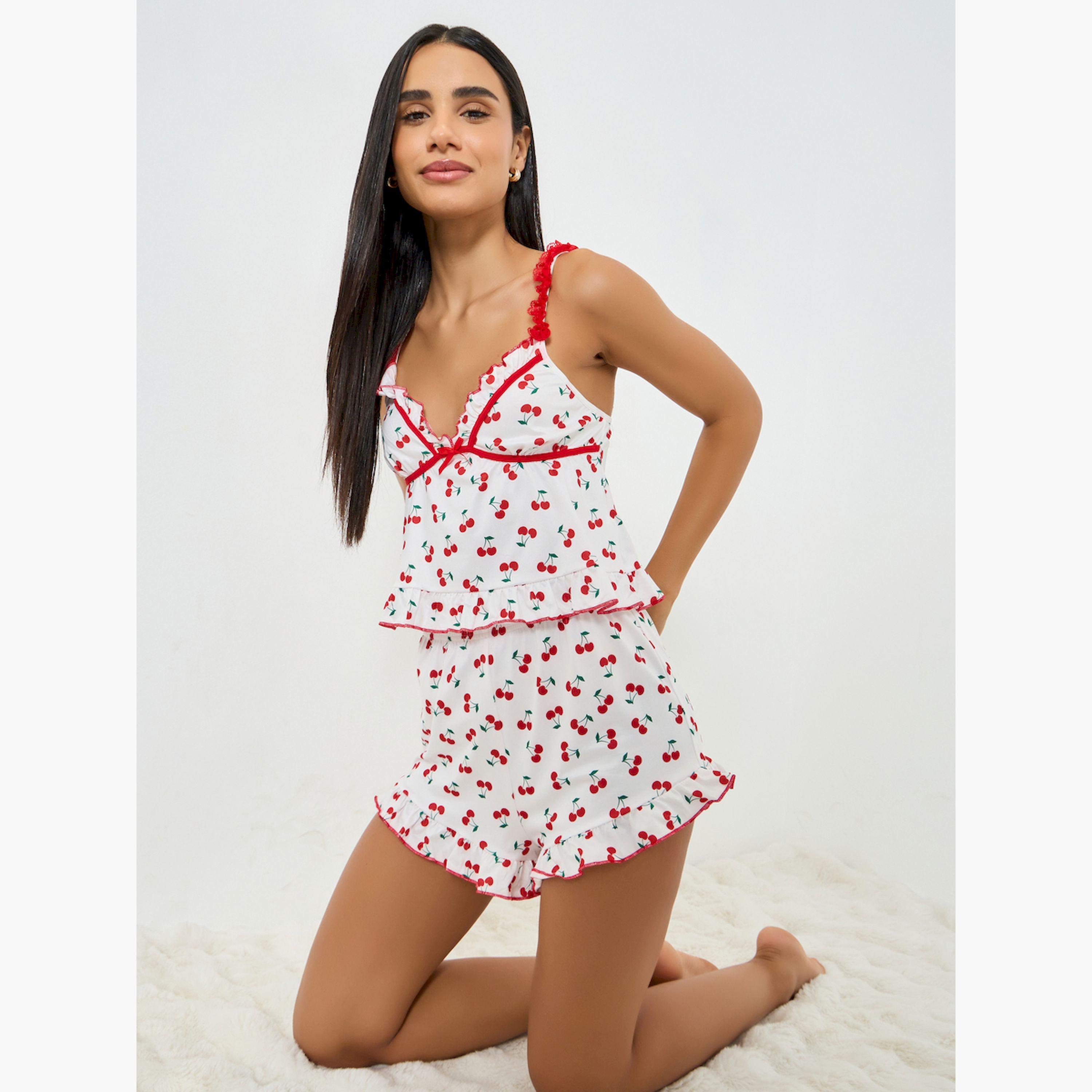 مجموعة من شورت وبلوزة كامي بطبعة كرز وحافة بكشكش-women-clothing-lingerie-lingeriesets-image-3