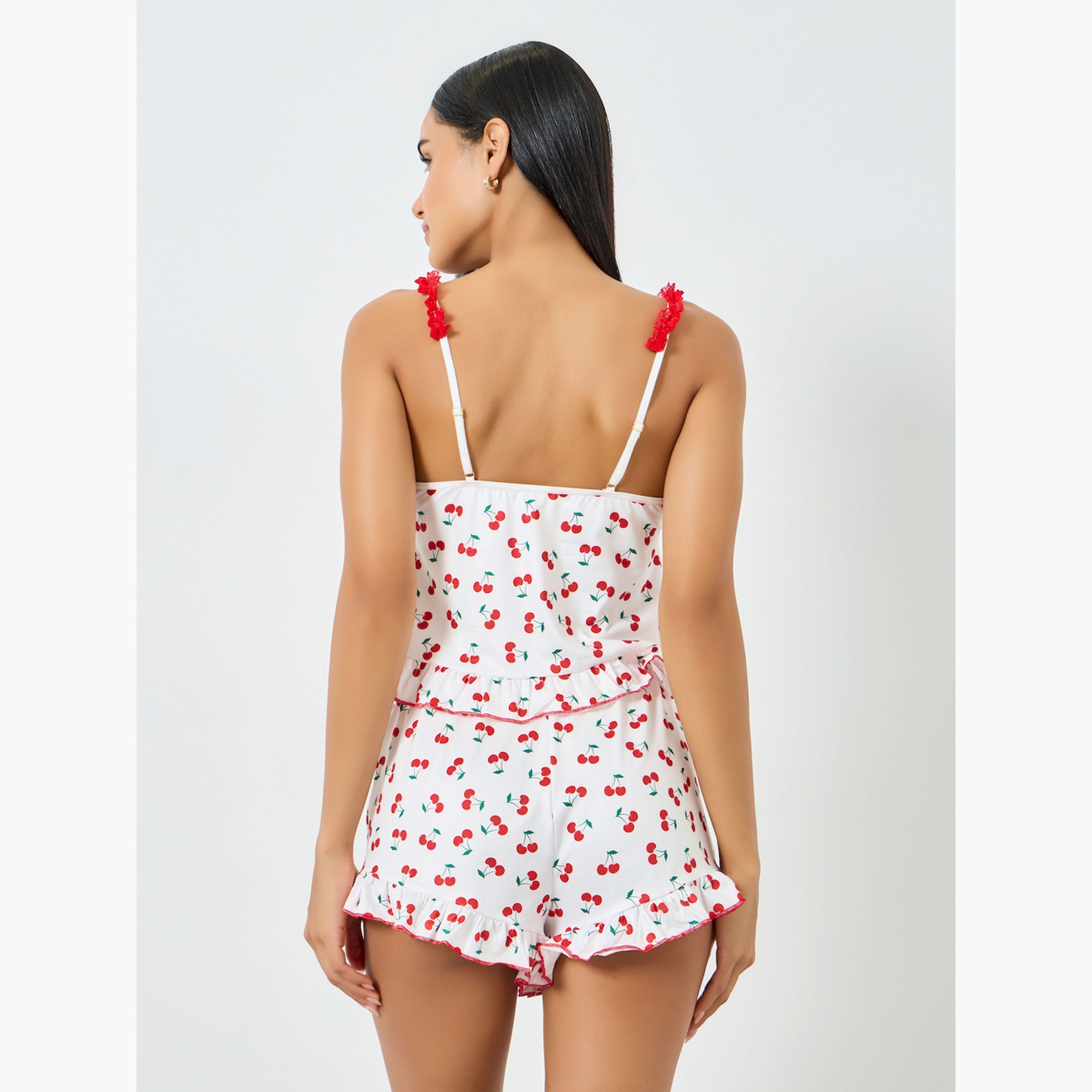 Take Two White Cherry Graphic Print Ruffle Hem Camisole and Shorts Set-women-clothing-lingerie-lingeriesets-image-4
