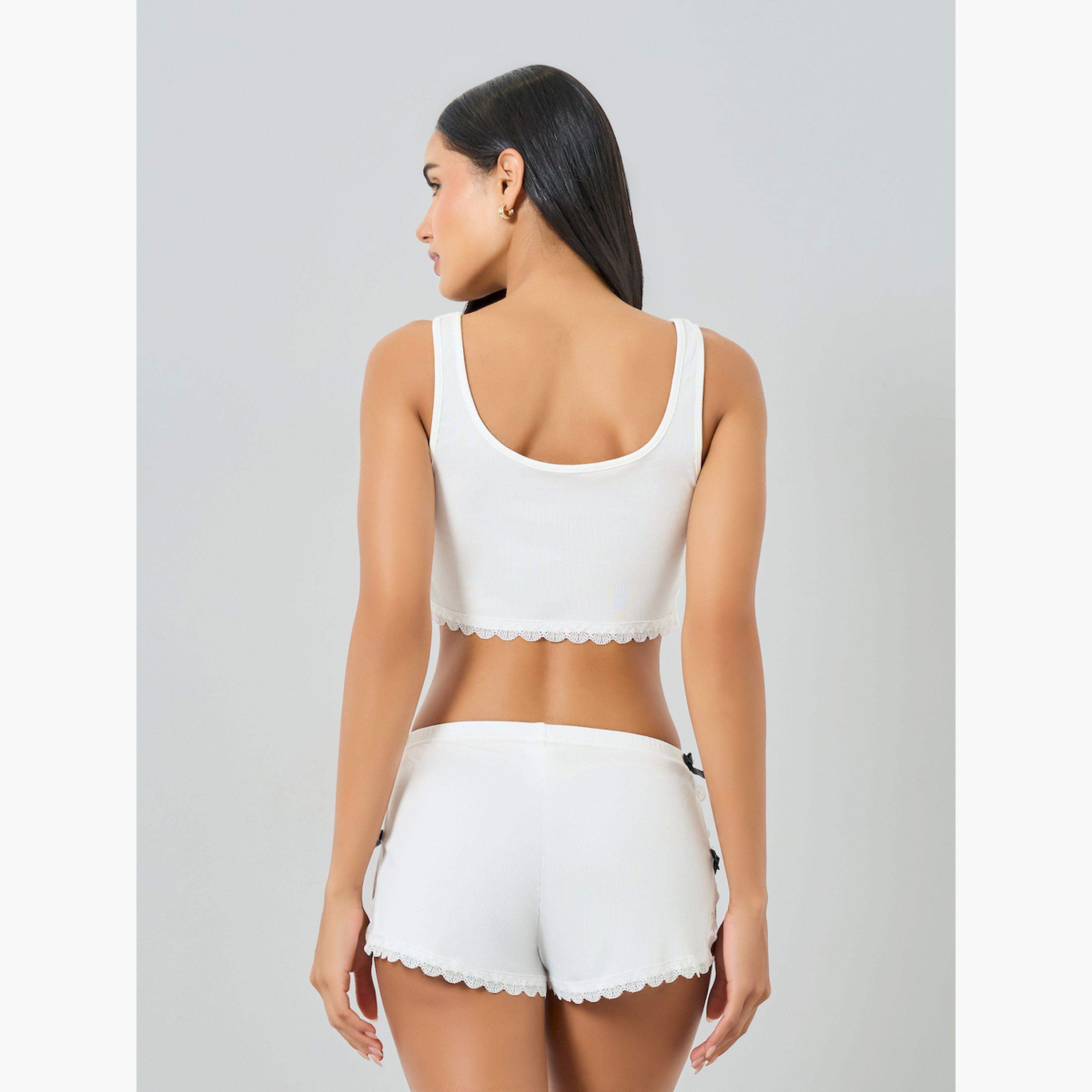 Take Two White Bow Detail Lace Trim Slit Camisole and Brief Set-women-clothing-lingerie-lingeriesets-image-3
