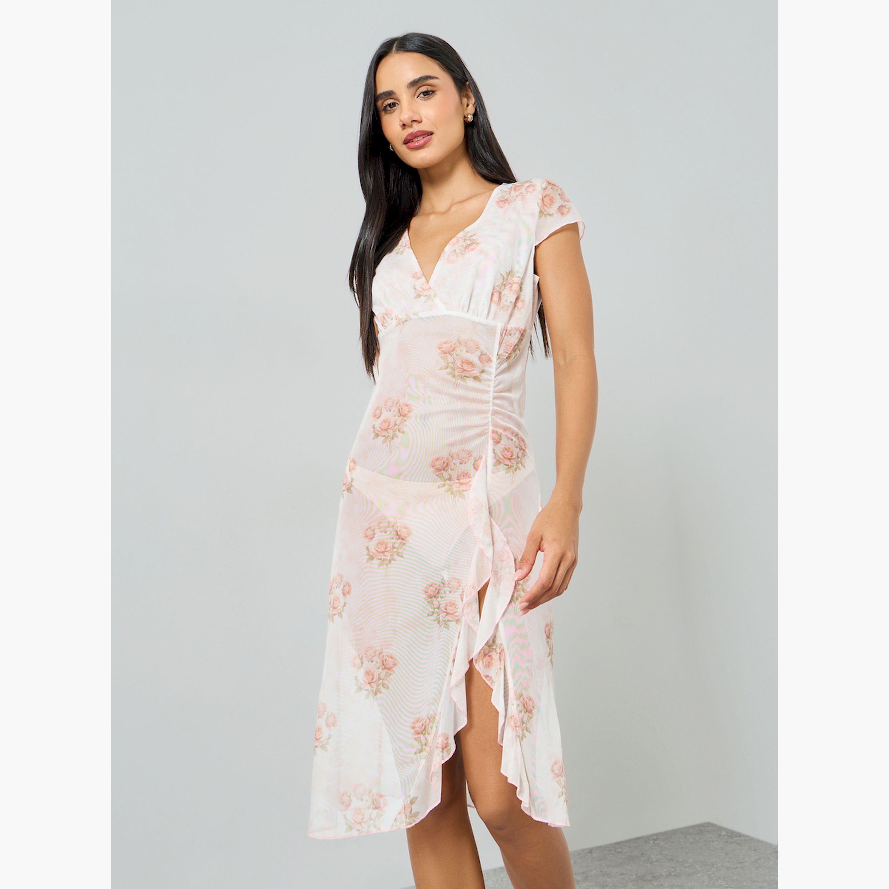 تيك تو × ستايلي - فستان سليب شفاف نقشة زهور لون أبيض-women-clothing-nightwear-nighties-image-1