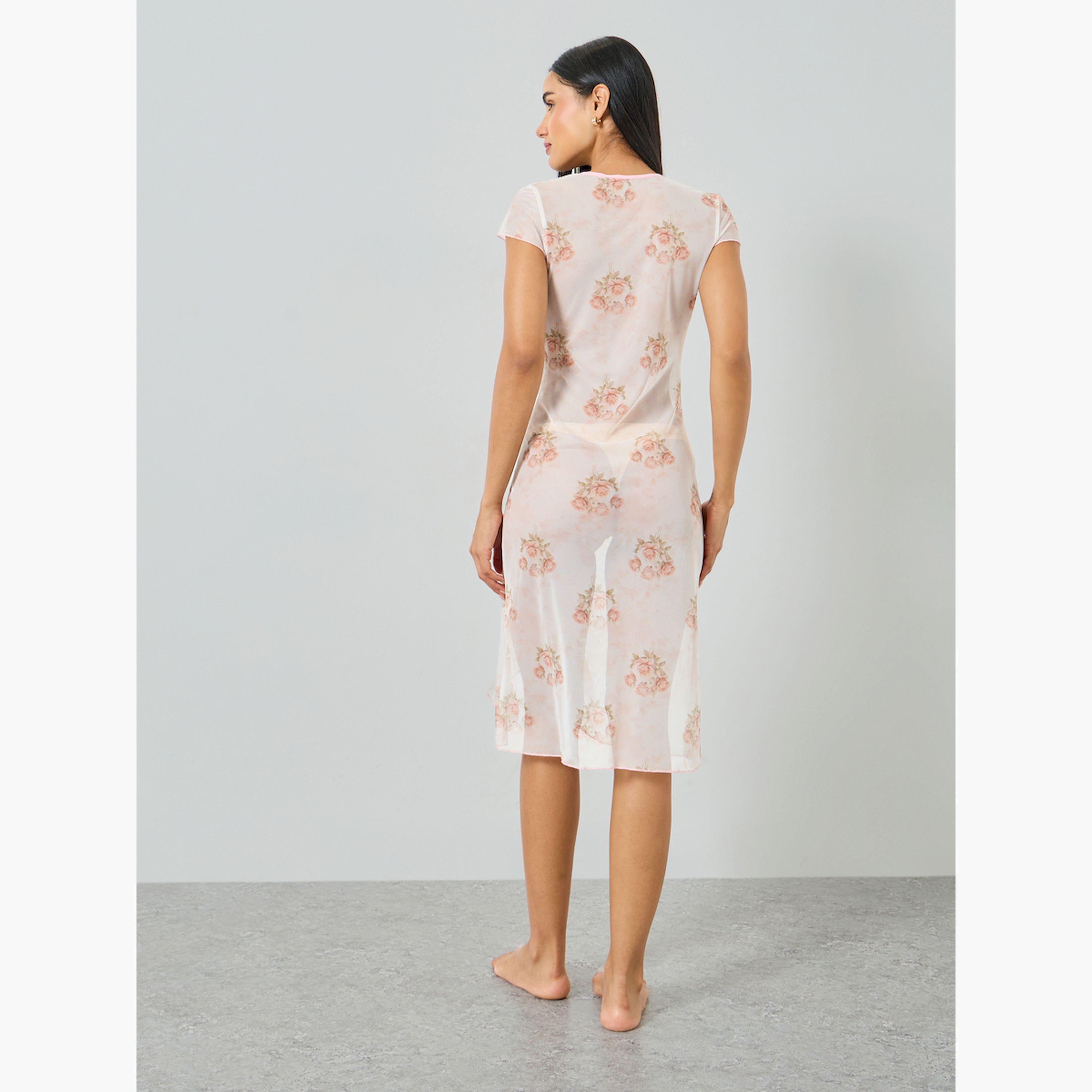 تيك تو × ستايلي - فستان سليب شفاف نقشة زهور لون أبيض-women-clothing-nightwear-nighties-image-4
