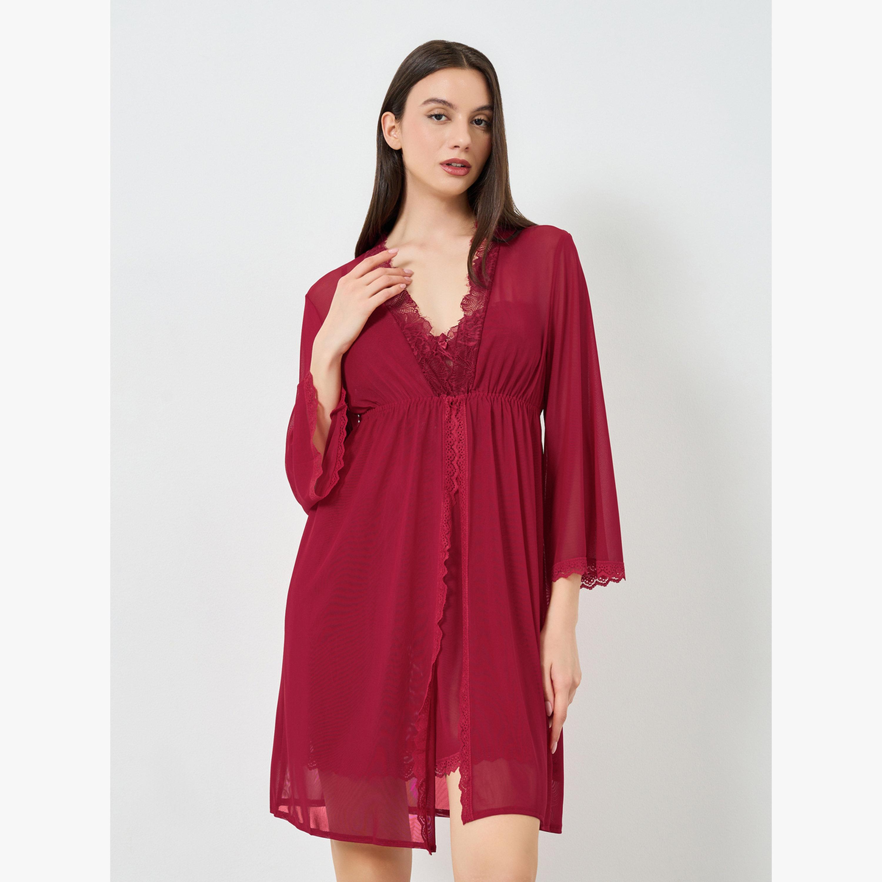 Take Two Burgundy Lace Slip Dress and Robe Set-women-clothing-nightwear-robes-image-1