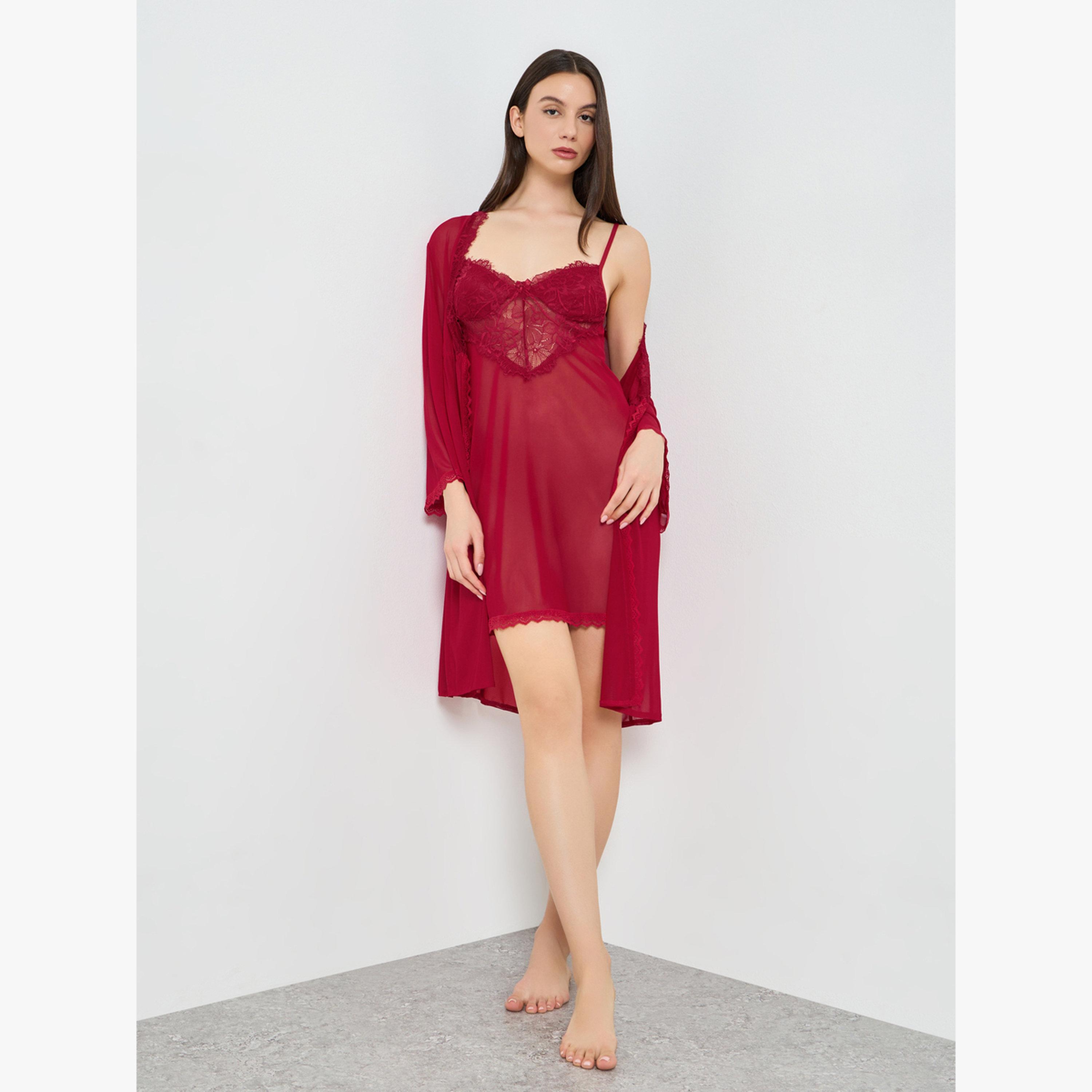 Take Two Burgundy Lace Slip Dress and Robe Set-women-clothing-nightwear-robes-image-2