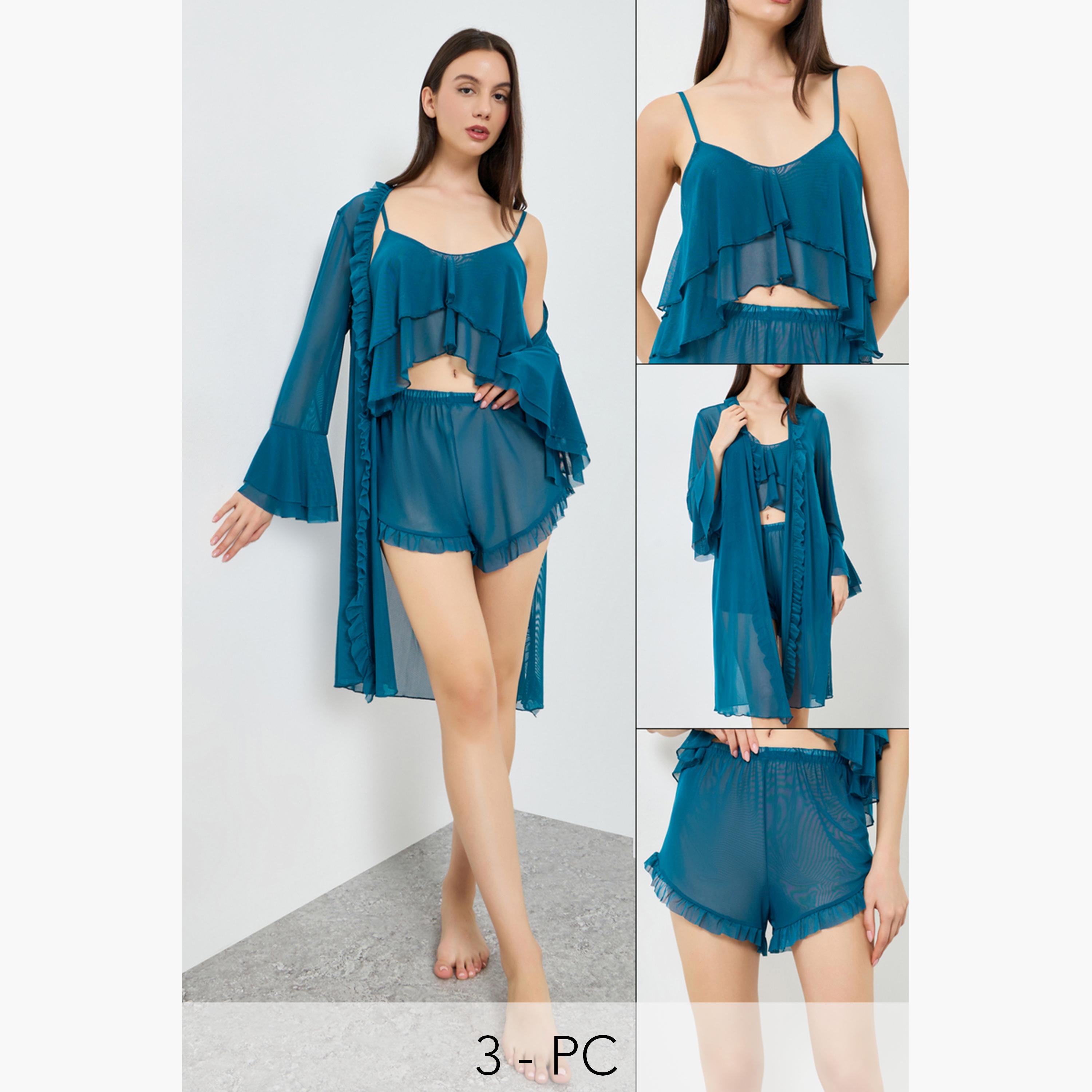 Take Two Pack of 3 - Ruffle Hem Detail Mesh Camisole with Shorts and Robe Set-women-clothing-lingerie-lingeriesets-image-1