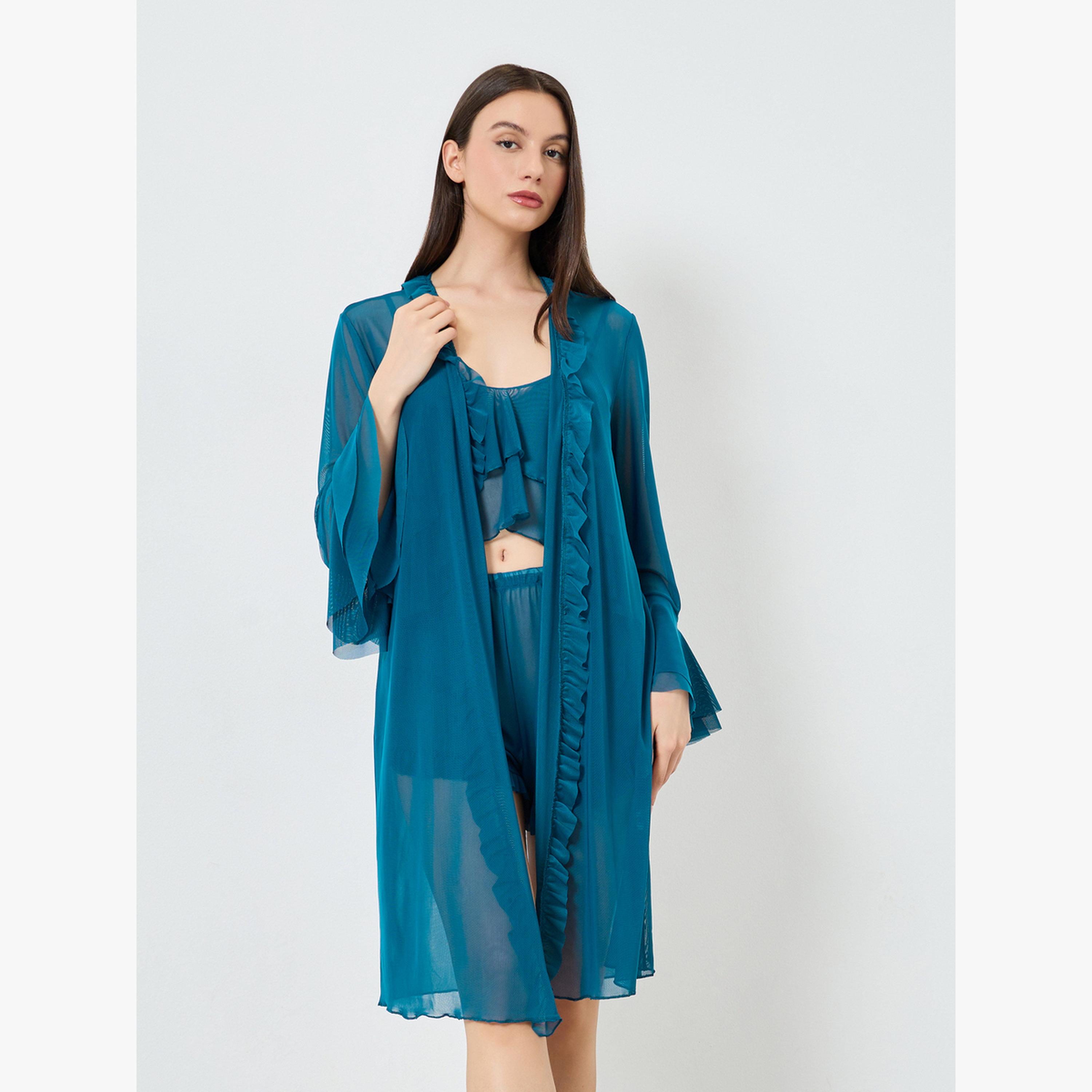 مجموعة من 3 قطع روب وشورت وبلوزة بحمالات شبكية وتفاصيل كشكش-women-clothing-lingerie-lingeriesets-image-2