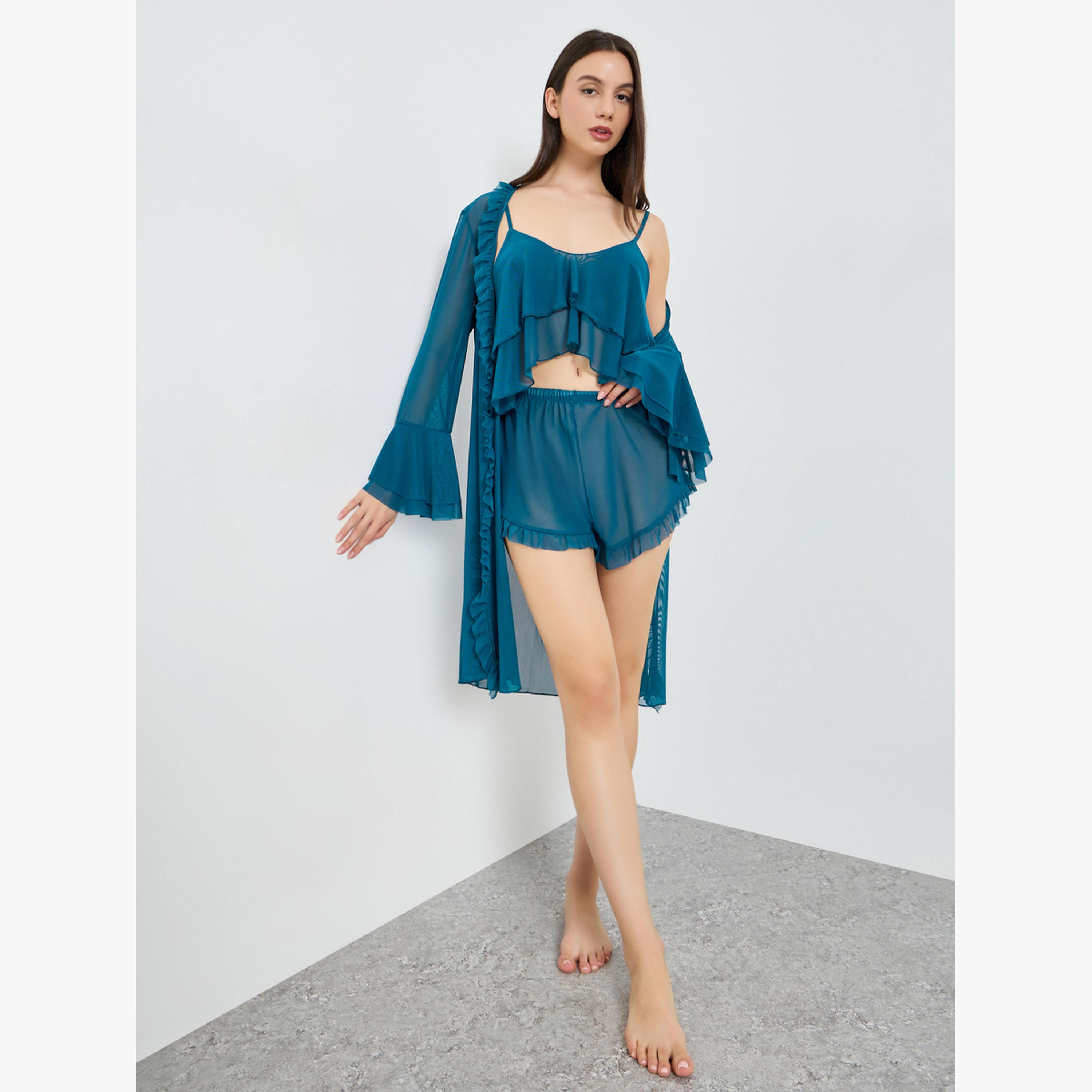 Take Two Pack of 3 - Ruffle Hem Detail Mesh Camisole with Shorts and Robe Set-women-clothing-lingerie-lingeriesets-image-3