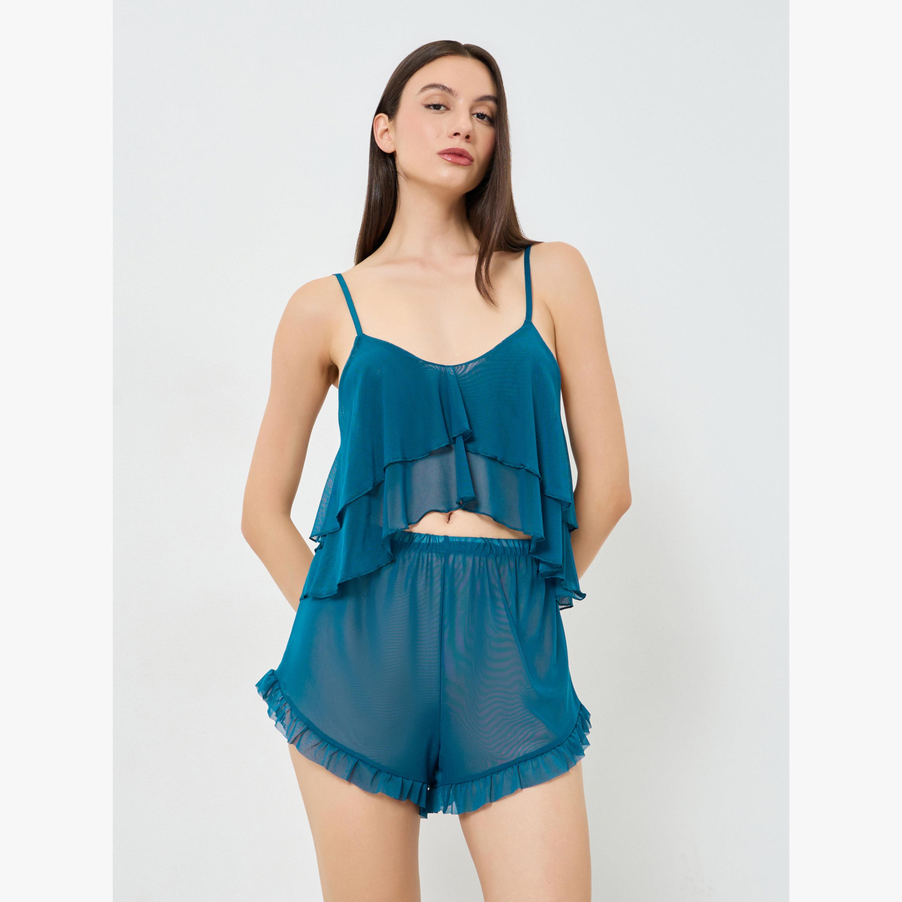 Take Two Pack of 3 - Ruffle Hem Detail Mesh Camisole with Shorts and Robe Set-women-clothing-lingerie-lingeriesets-image-4