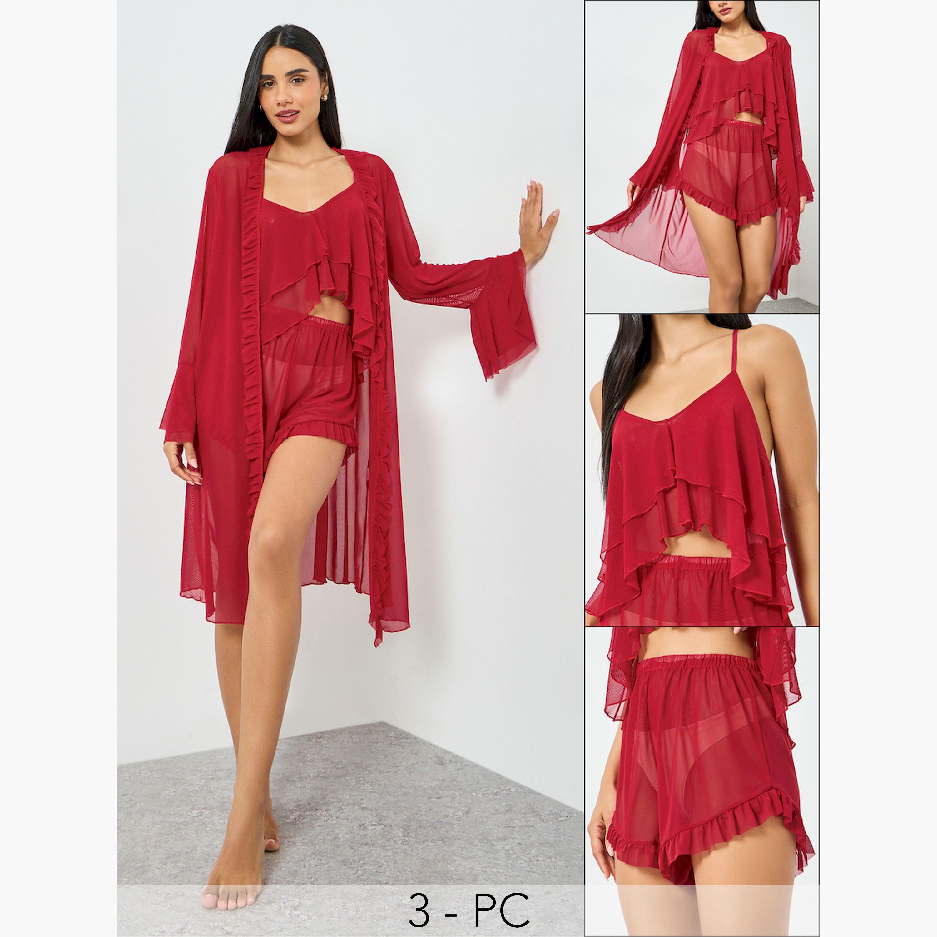 Take Two Pack of 3 - Ruffle Hem Detail Mesh Camisole, Shorts and Robe Set-women-clothing-lingerie-lingeriesets-image-1