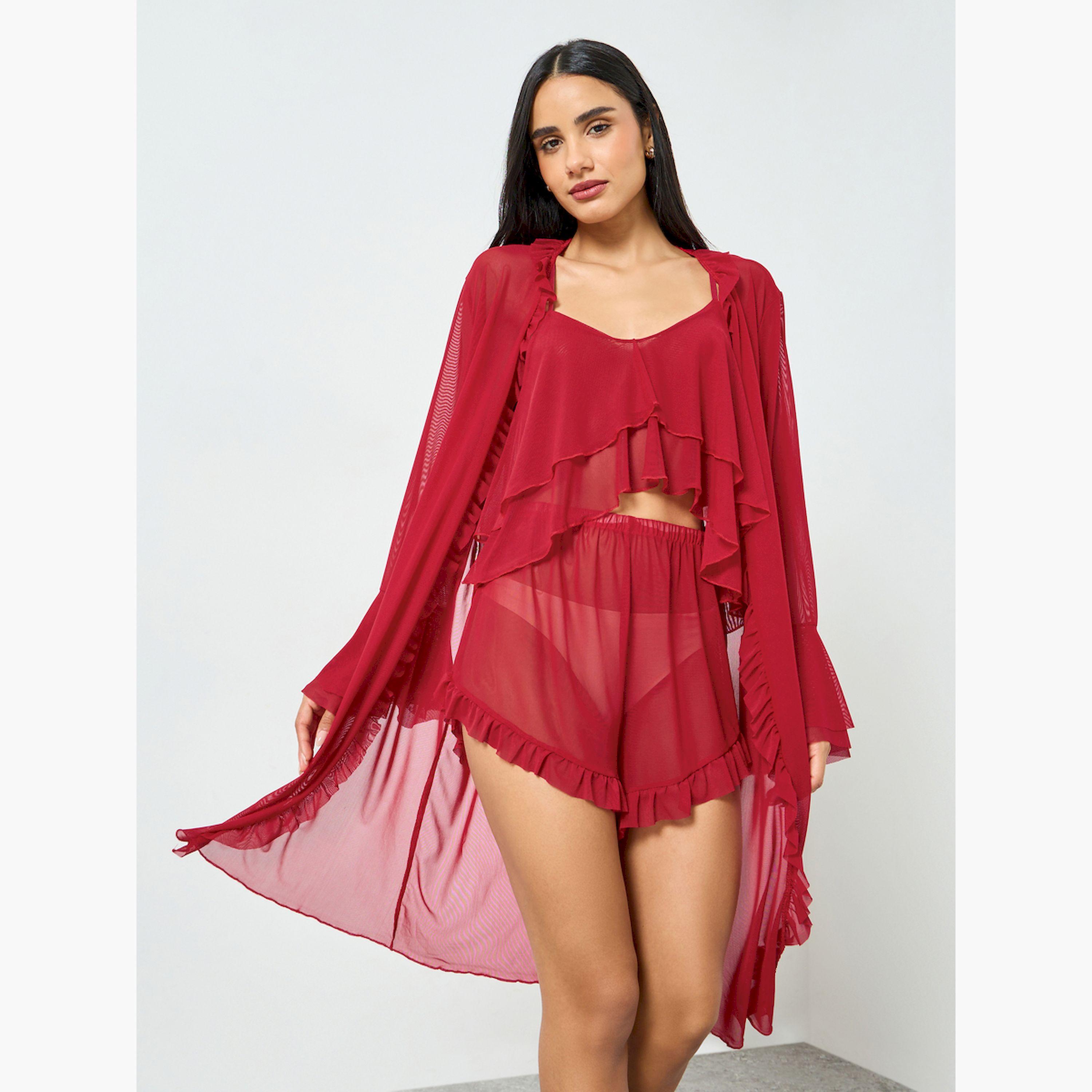 Take Two Pack of 3 - Ruffle Hem Detail Mesh Camisole, Shorts and Robe Set-women-clothing-lingerie-lingeriesets-image-2