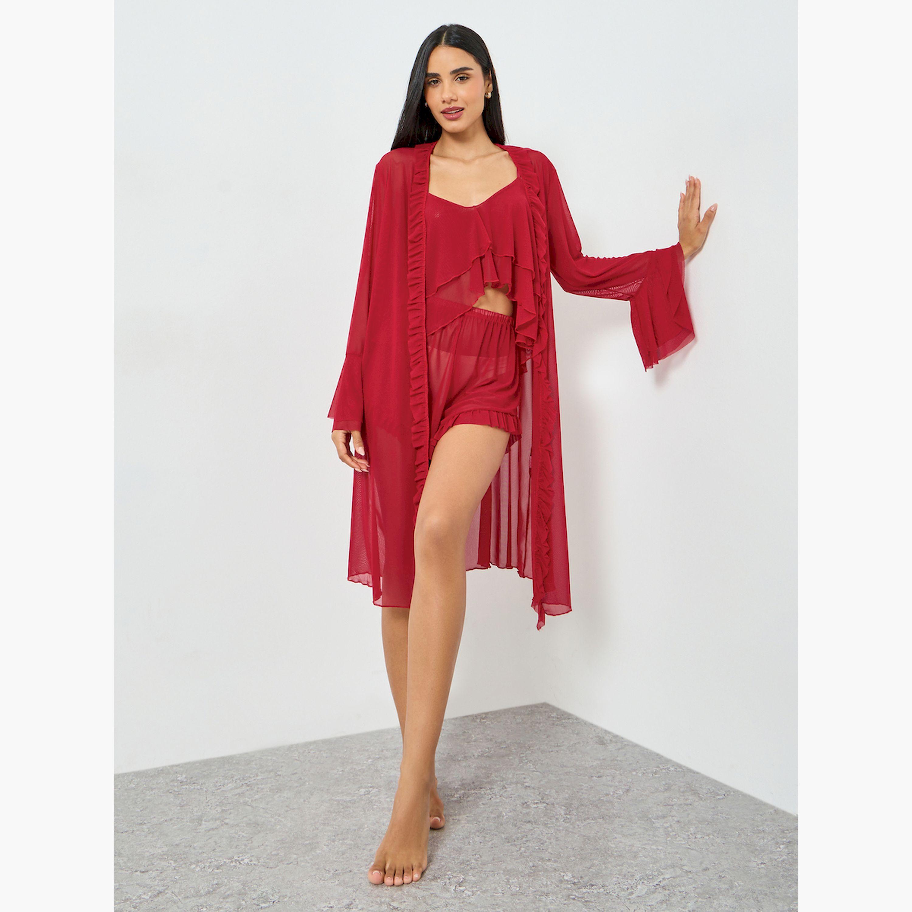 طقم من 3 قطع - مجموعة من روب وشورت وبلوزة كامي بملمس شبكي وحافة بكشكش-women-clothing-lingerie-lingeriesets-image-3