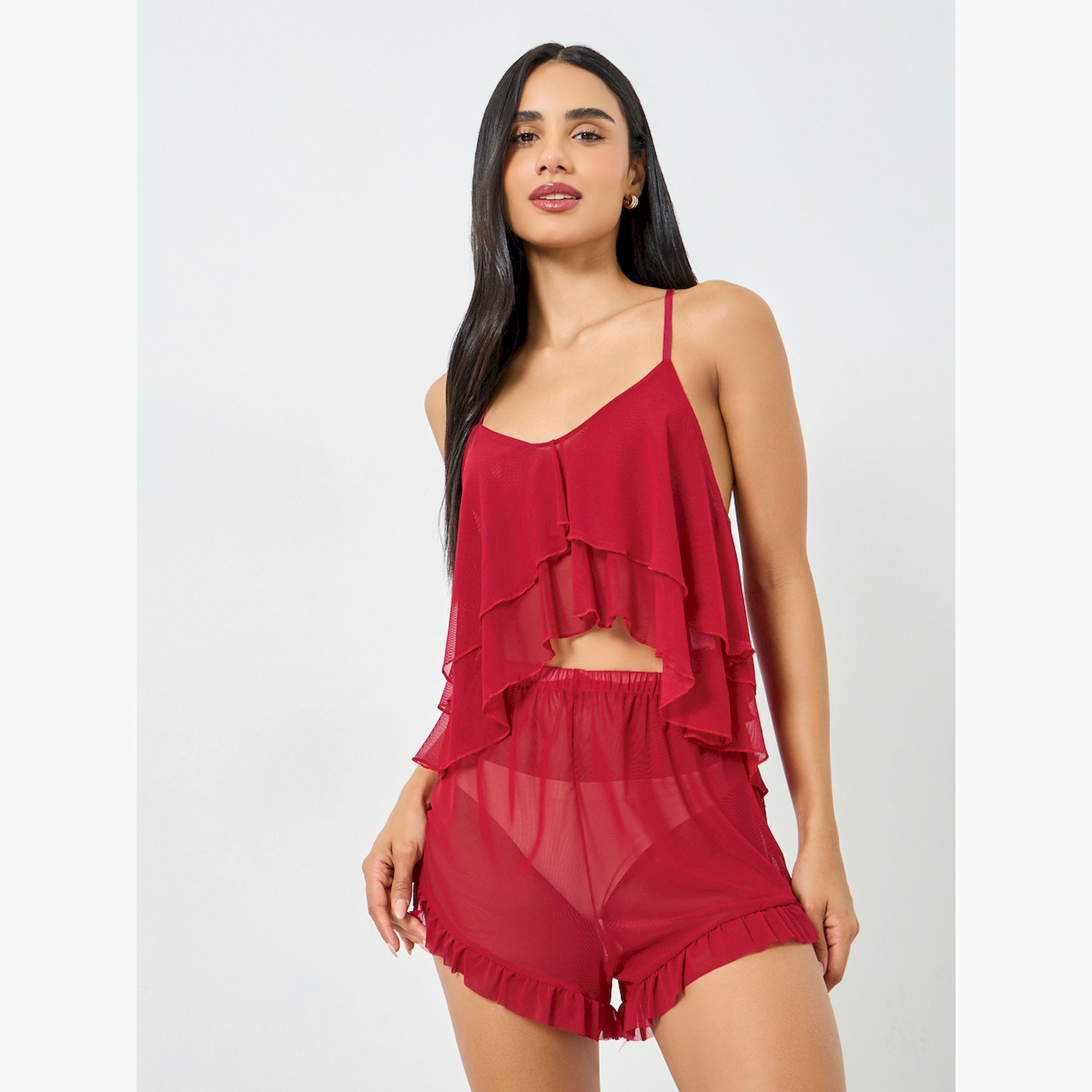 طقم من 3 قطع - مجموعة من روب وشورت وبلوزة كامي بملمس شبكي وحافة بكشكش-women-clothing-lingerie-lingeriesets-image-4