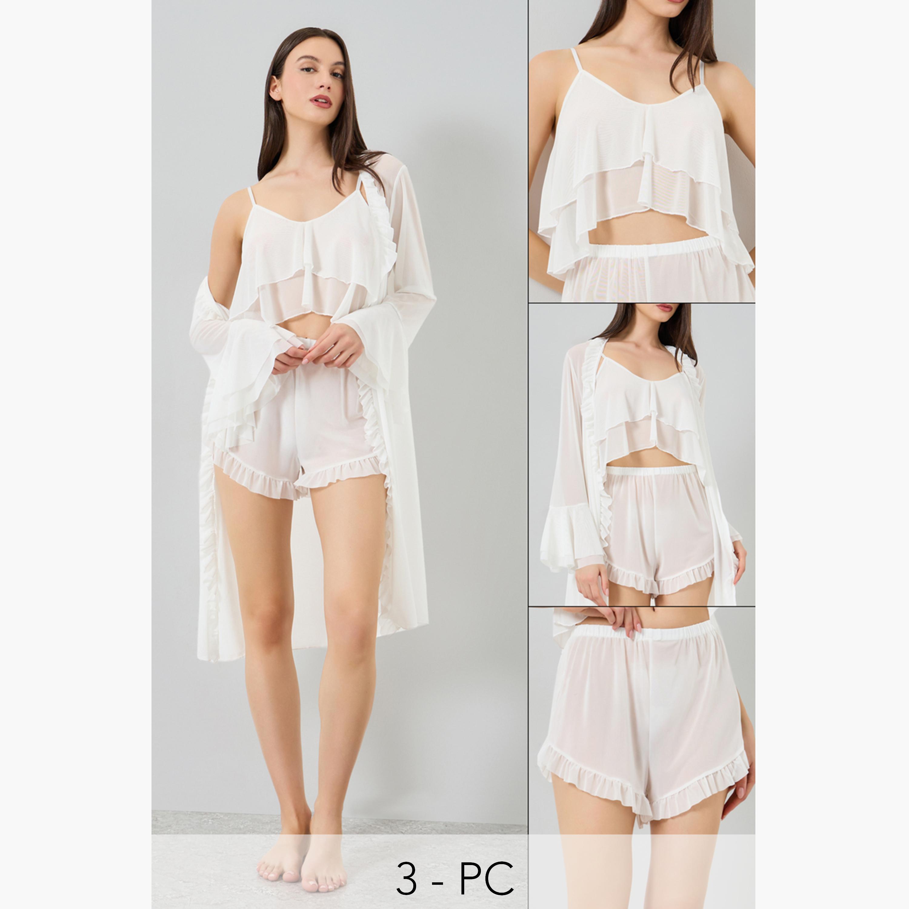 Take Two Pack of 3 - Ruffle Hem Detail Mesh Camisole with Shorts and Robe Set-women-clothing-lingerie-lingeriesets-image-1