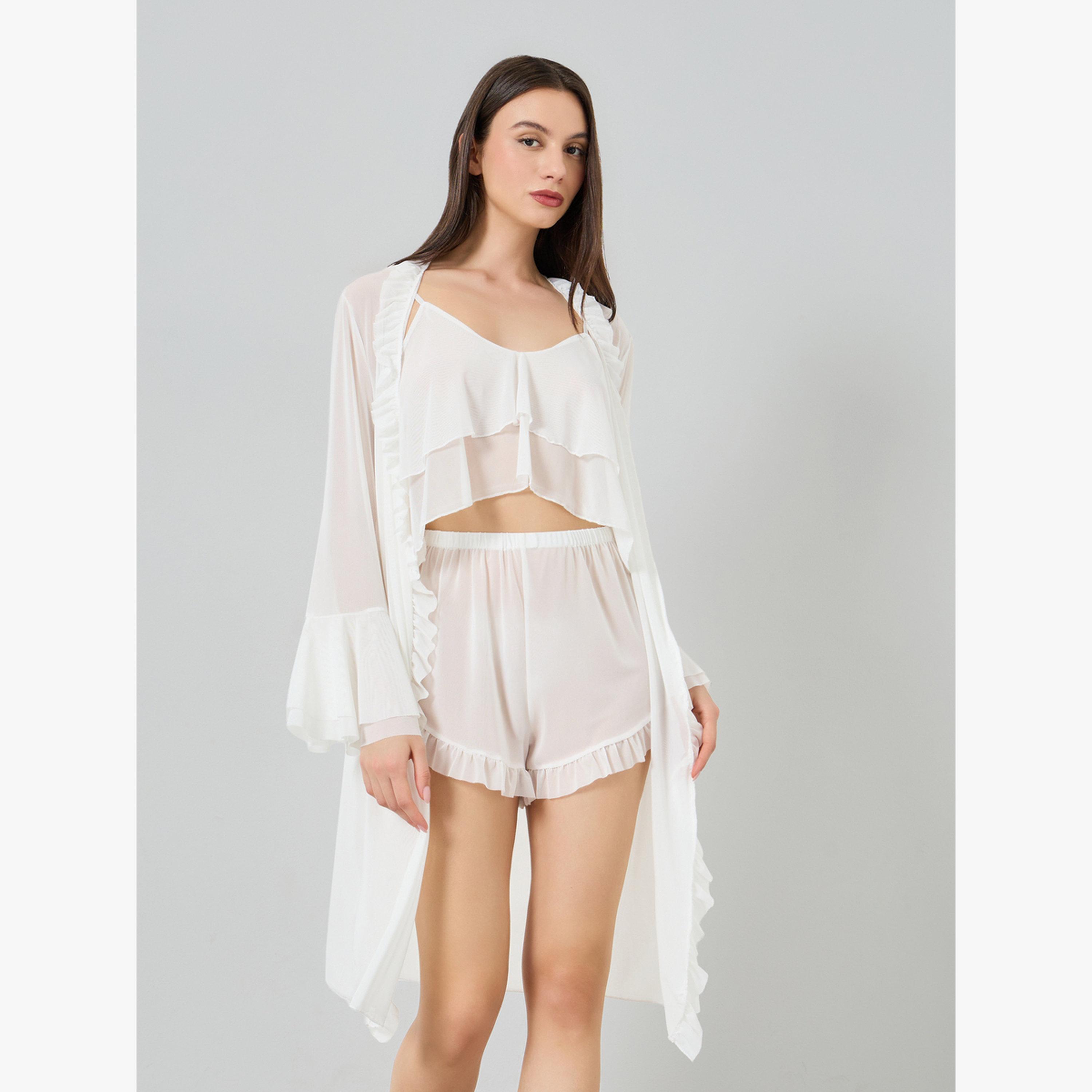 مجموعة من 3 قطع روب وشورت وبلوزة بحمالات شبكية وتفاصيل كشكش-women-clothing-lingerie-lingeriesets-image-2