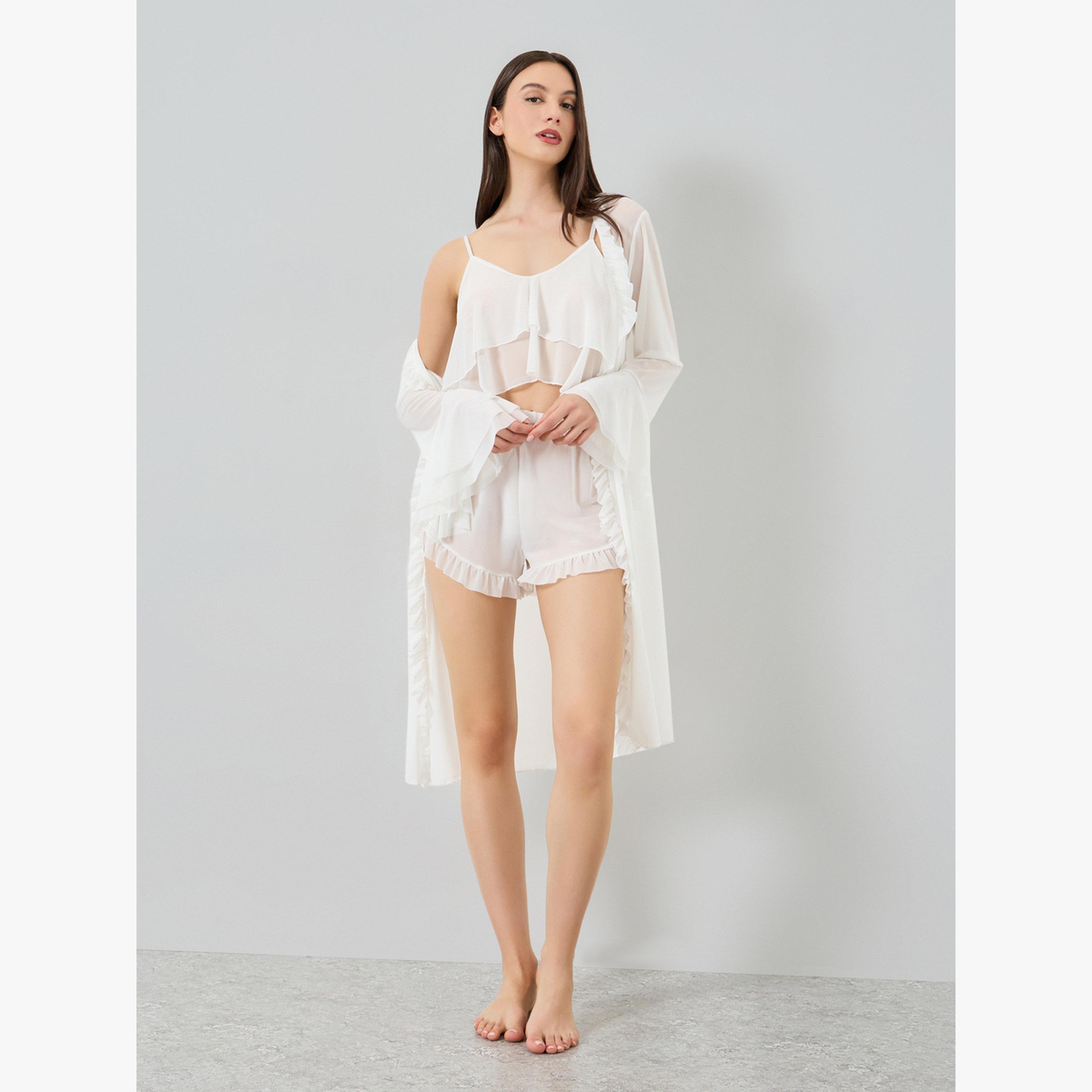 Take Two Pack of 3 - Ruffle Hem Detail Mesh Camisole with Shorts and Robe Set-women-clothing-lingerie-lingeriesets-image-3