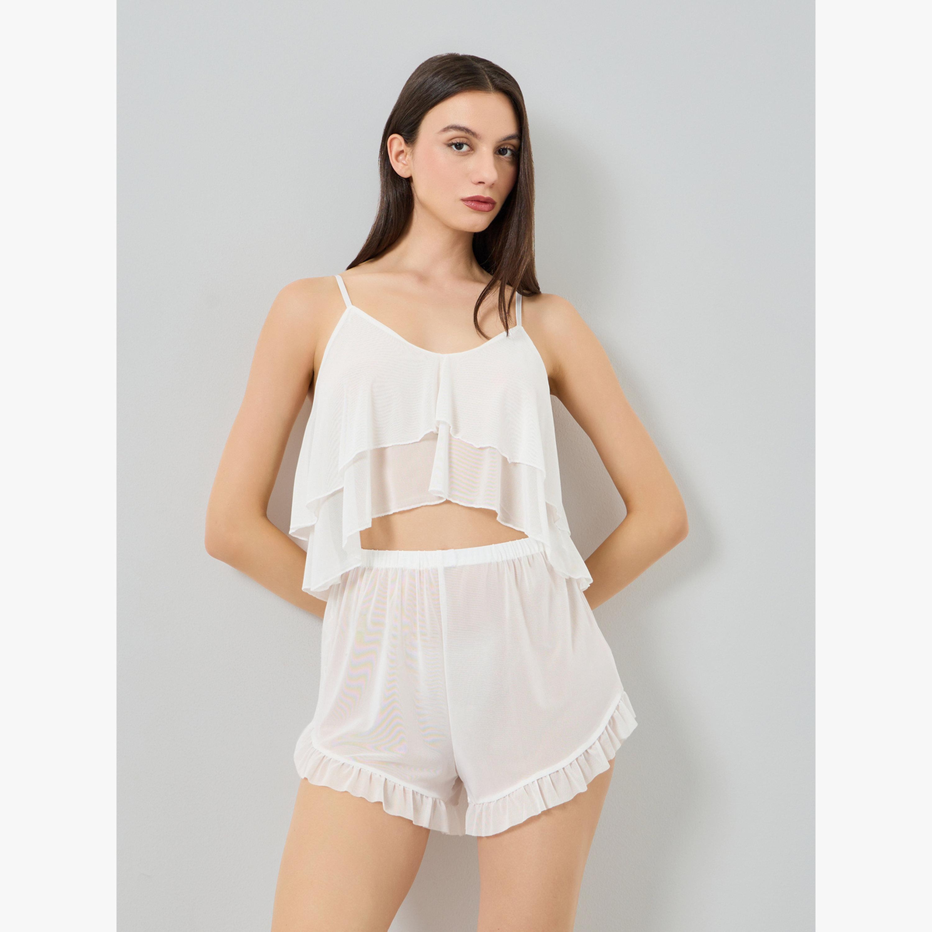 Take Two Pack of 3 - Ruffle Hem Detail Mesh Camisole with Shorts and Robe Set-women-clothing-lingerie-lingeriesets-image-4