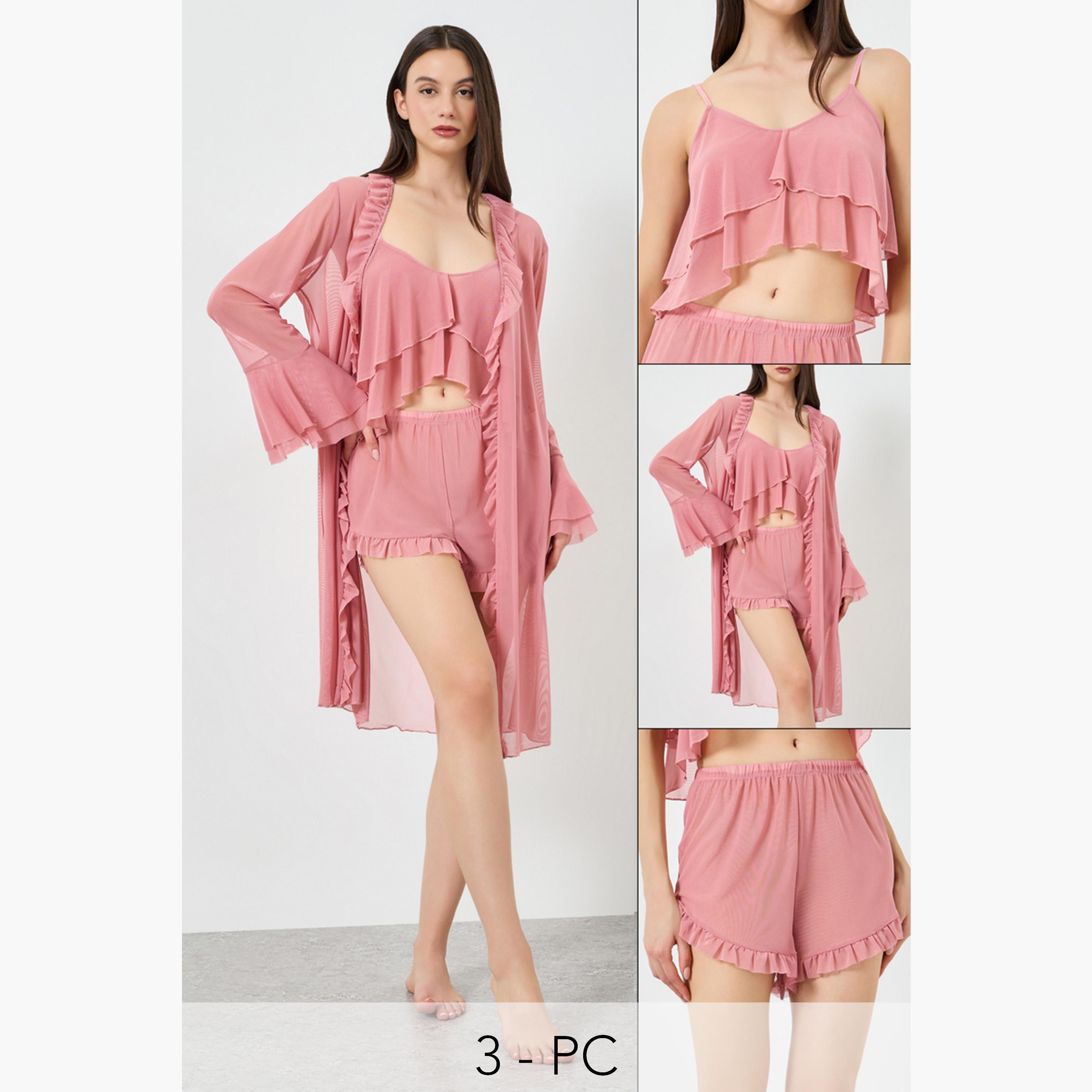 مجموعة من 3 قطع روب وشورت وبلوزة بحمالات شبكية وتفاصيل كشكش-women-clothing-lingerie-lingeriesets-image-1