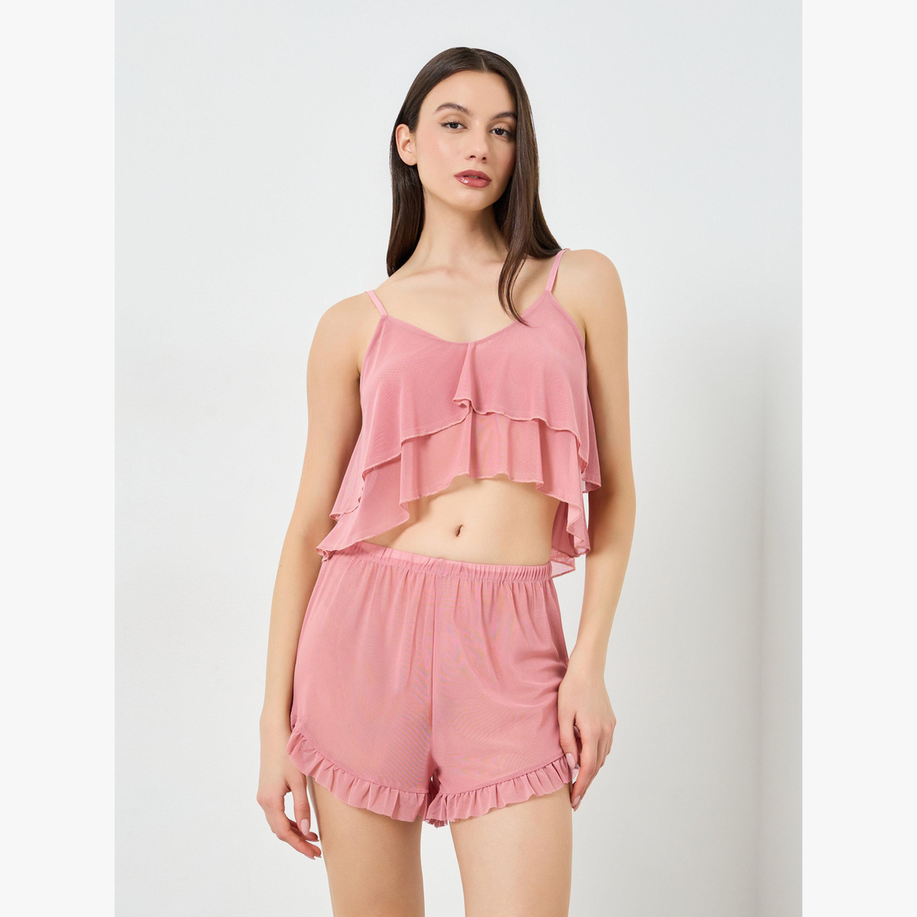 مجموعة من 3 قطع روب وشورت وبلوزة بحمالات شبكية وتفاصيل كشكش-women-clothing-lingerie-lingeriesets-image-2