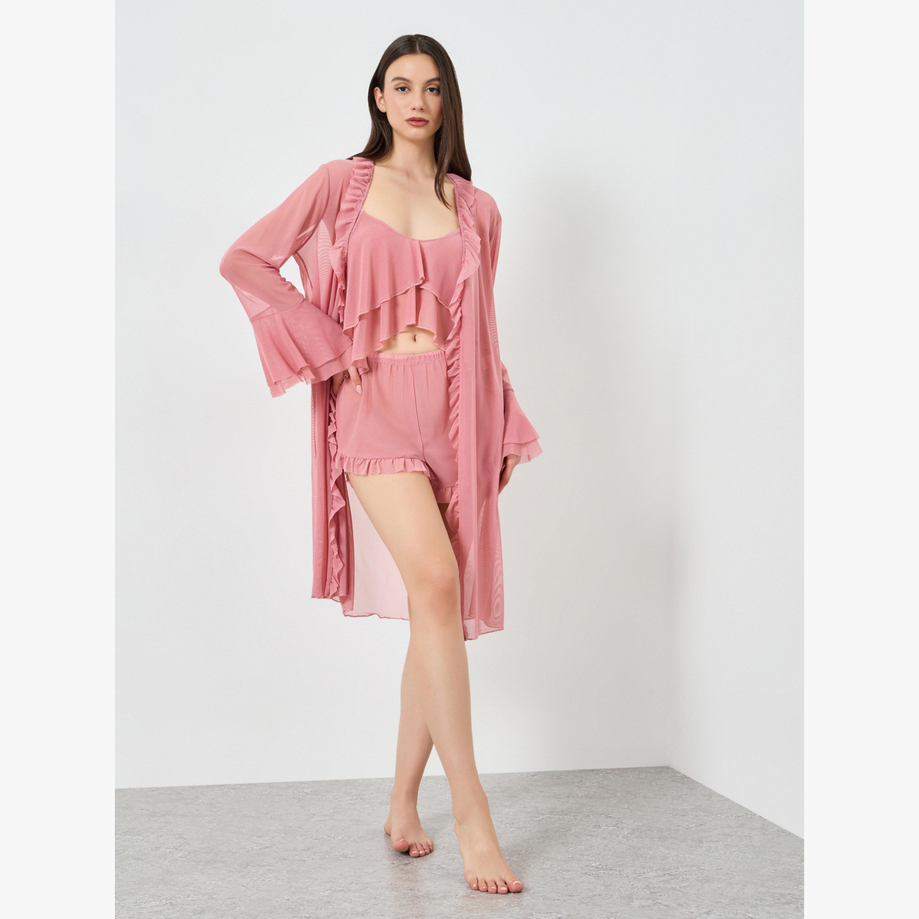 مجموعة من 3 قطع روب وشورت وبلوزة بحمالات شبكية وتفاصيل كشكش-women-clothing-lingerie-lingeriesets-image-3