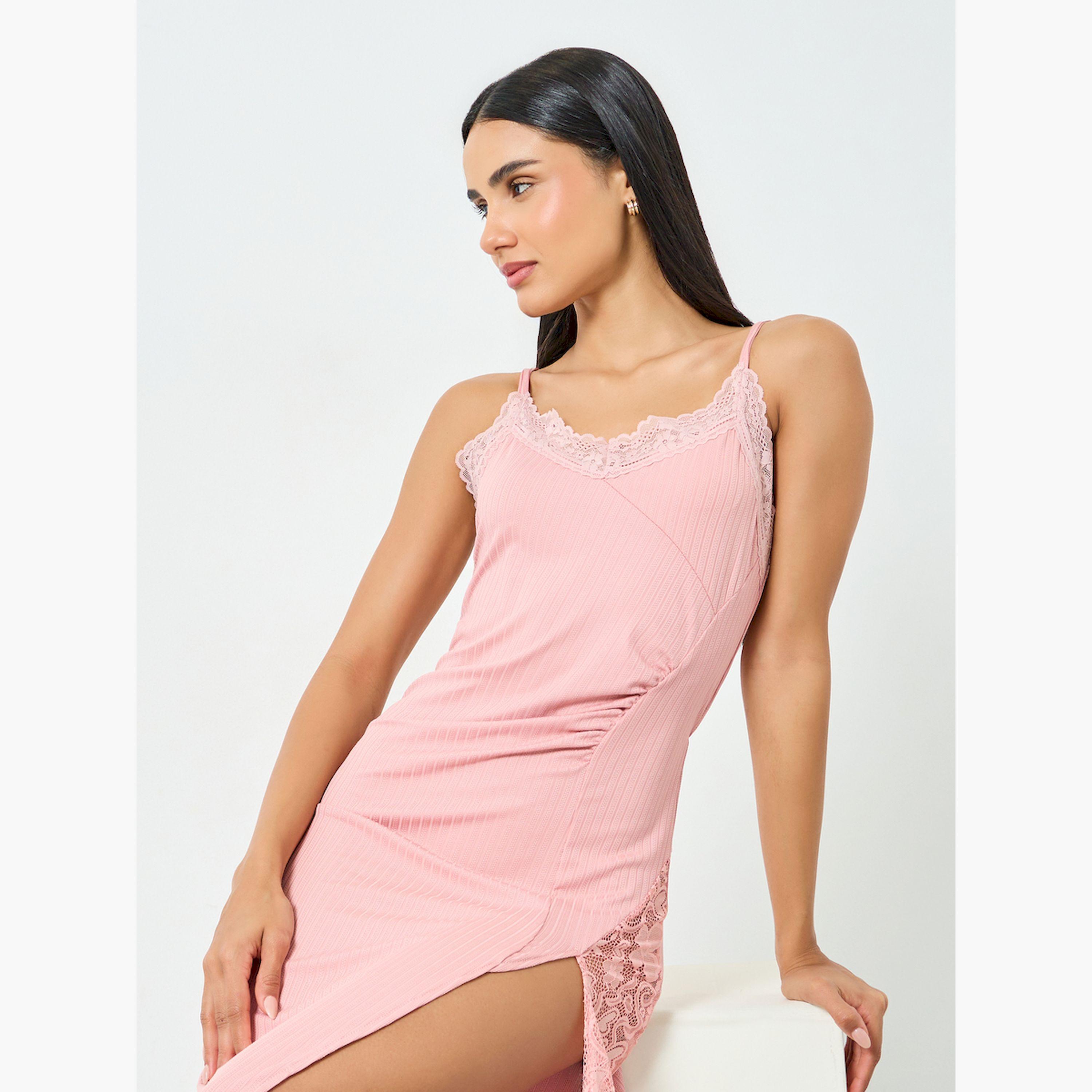 Take Two Light Pink Lace Trim Slip Dress with Slit Hem-women-clothing-lingerie-babydollsandbodysuits-image-3