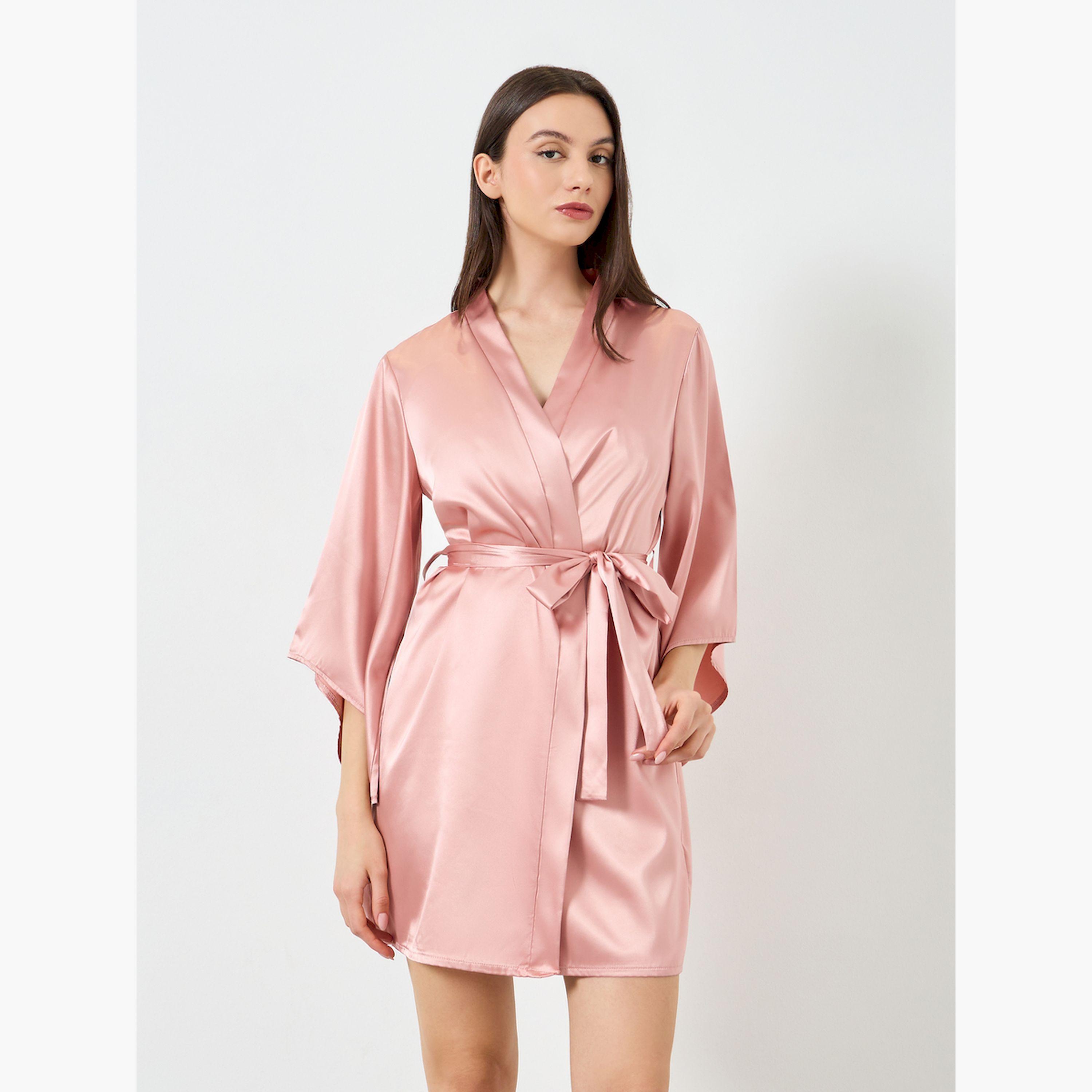 Take Two Pink Satin Ruffle Hem Detail Cami Slip Dress with Robe Set-women-clothing-nightwear-robes-image-1
