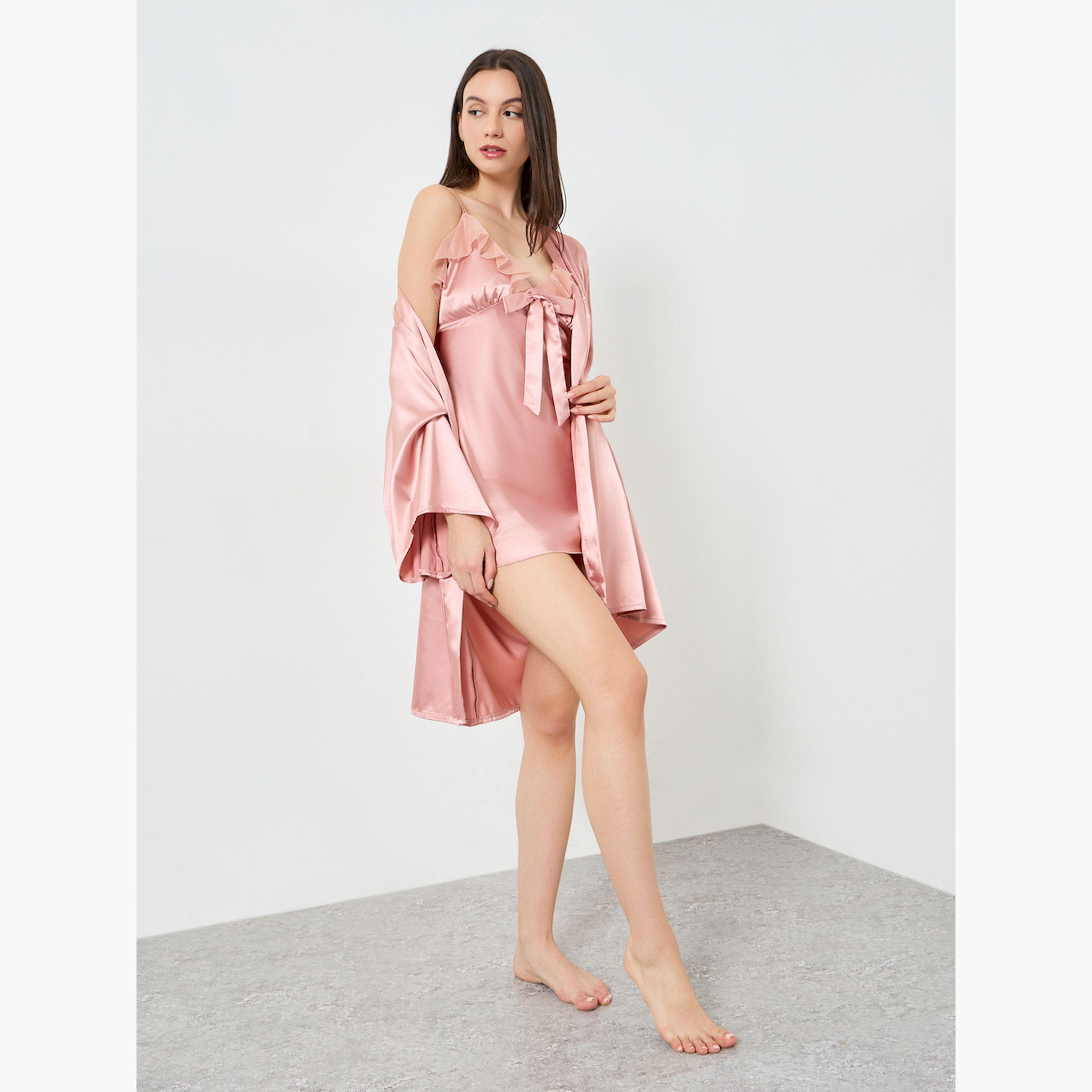 طقم من قميص نوم كامي ساتان بحافة مكشكشة مع روب-women-clothing-nightwear-robes-image-2