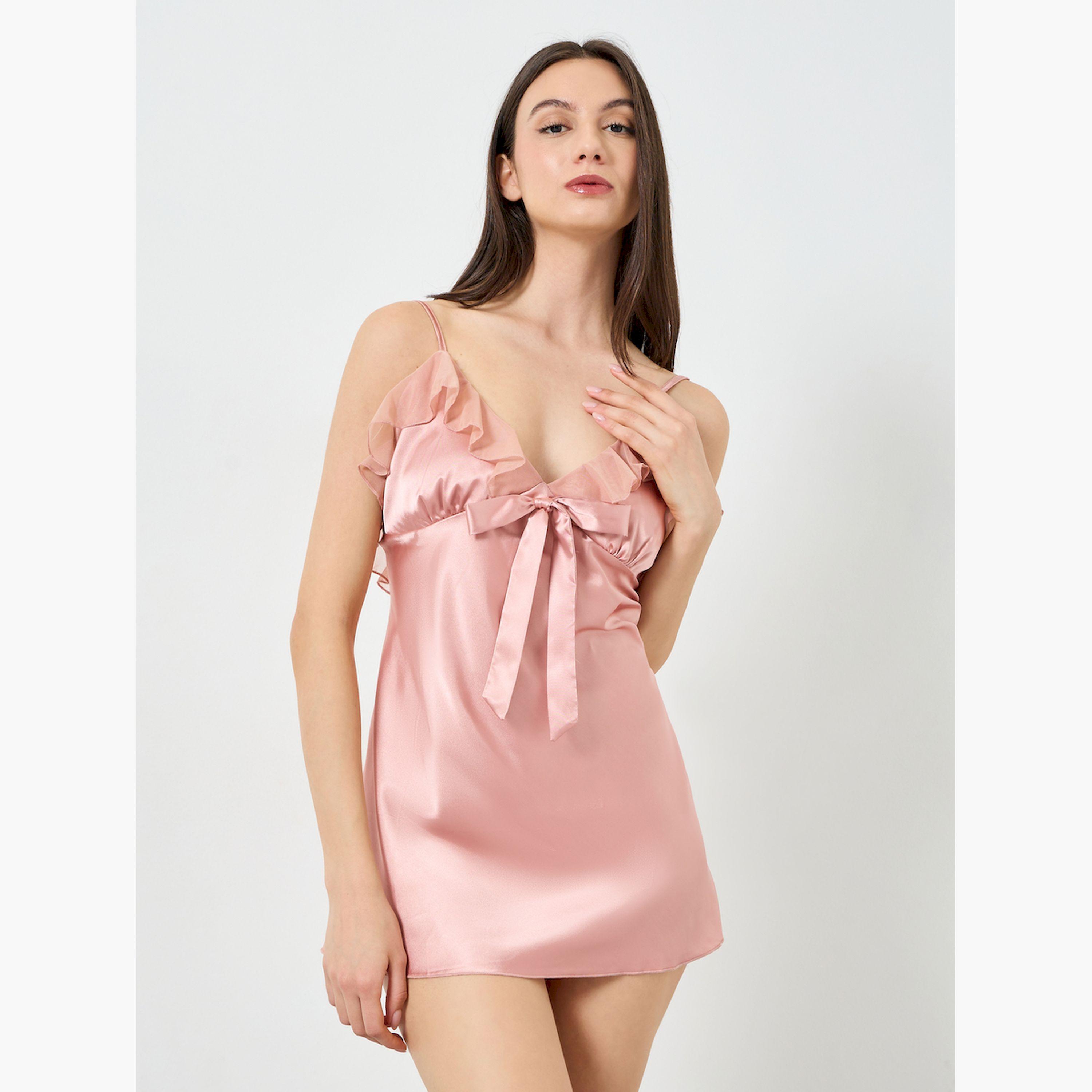 Take Two Pink Satin Ruffle Hem Detail Cami Slip Dress with Robe Set-women-clothing-nightwear-robes-image-3
