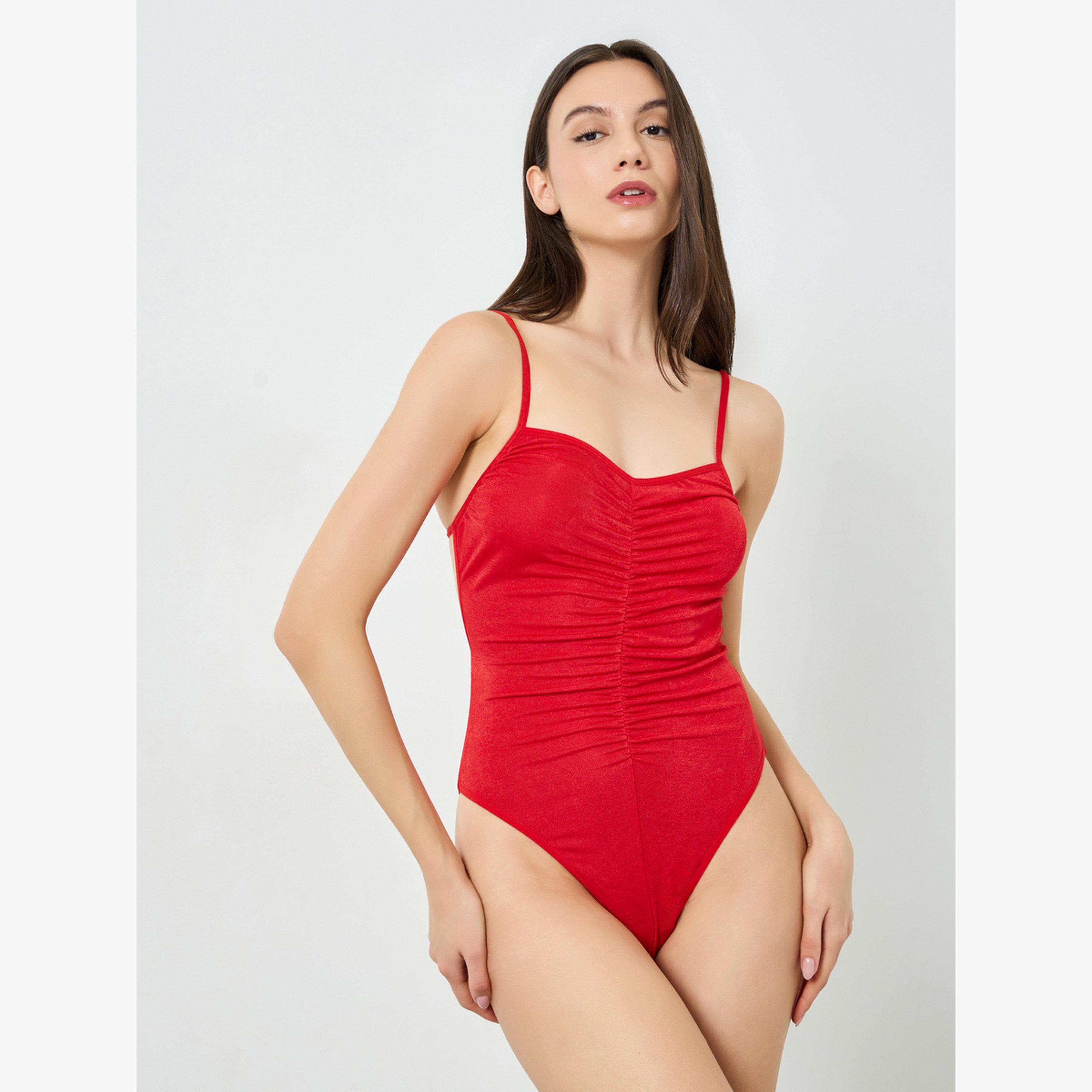 Take Two Red Ruched Strappy Bodysuit-women-clothing-lingerie-babydollsandbodysuits-image-1