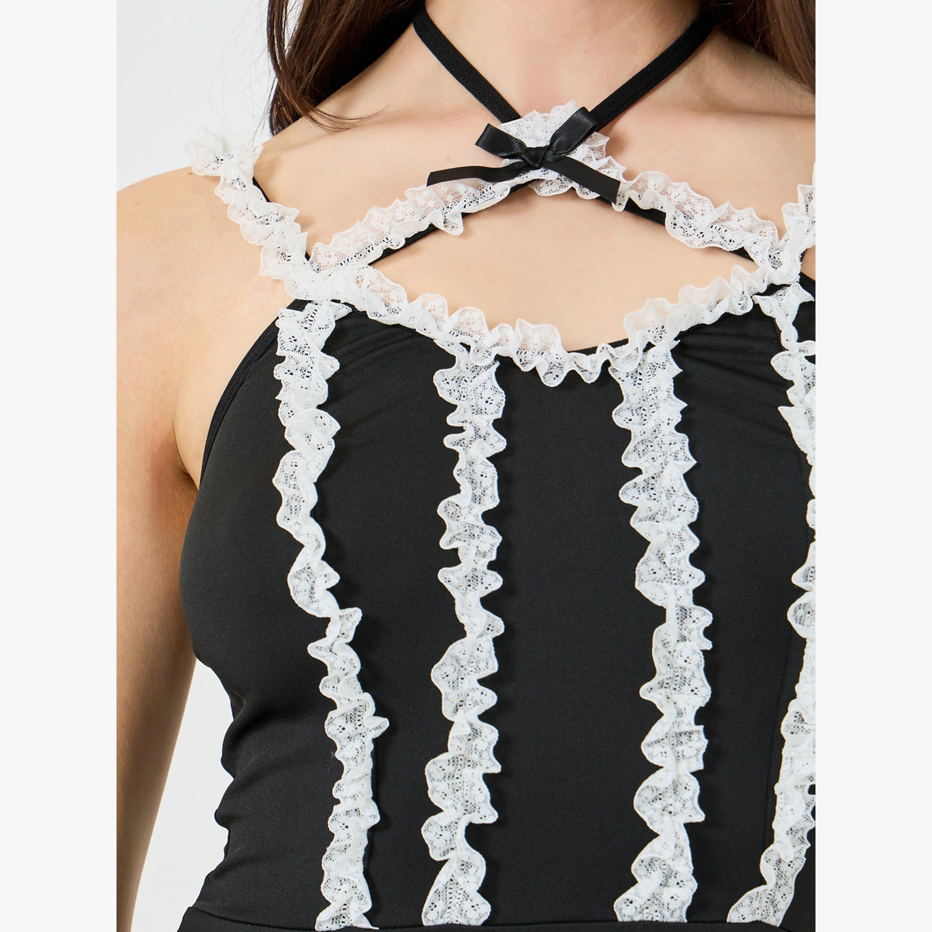Take Two Contrast Halter Neck Lace Trim Detail Babydoll-women-clothing-lingerie-babydollsandbodysuits-image-3