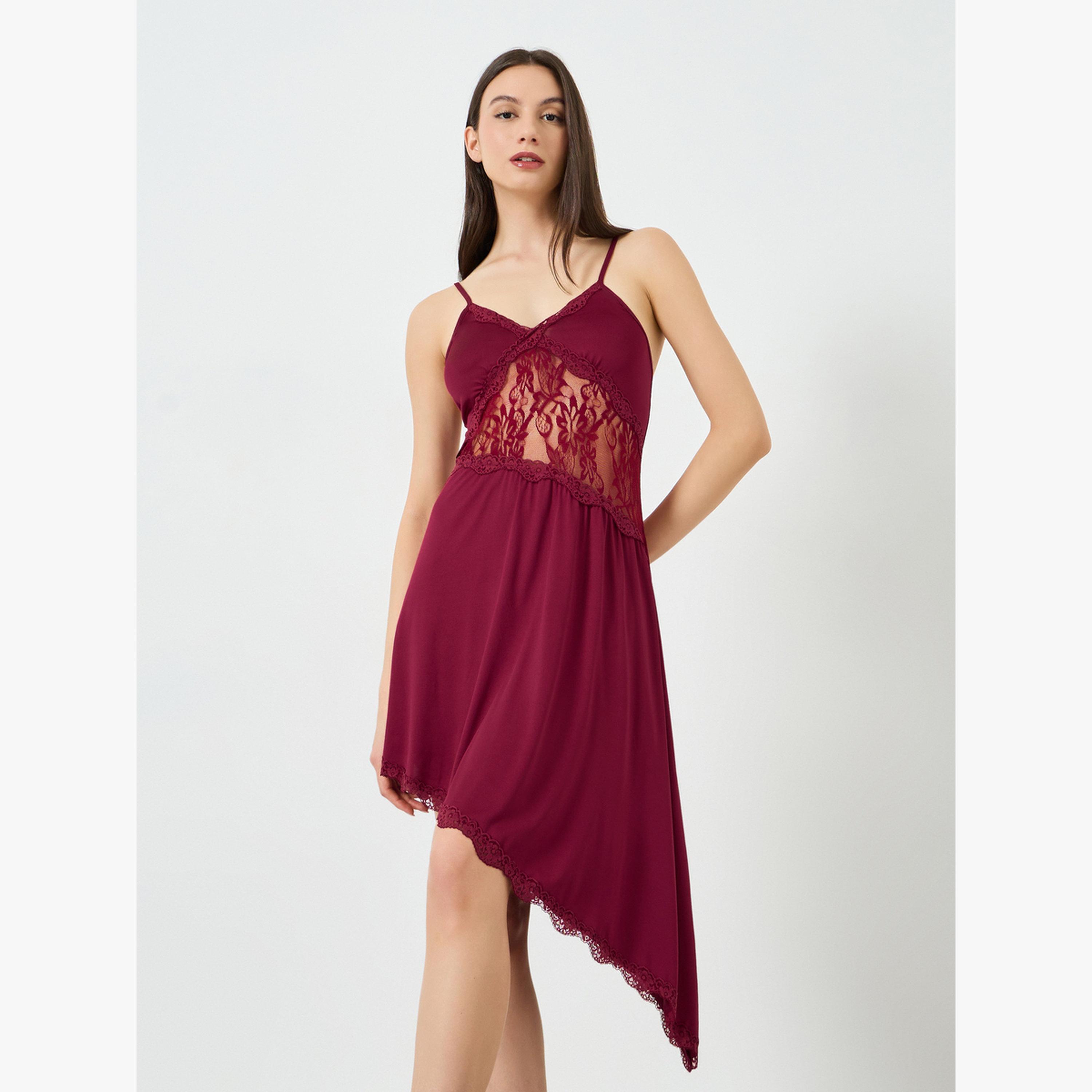 فستان لانجري غير متماثل بتفاصيل دانتيل-women-clothing-nightwear-nighties-image-1