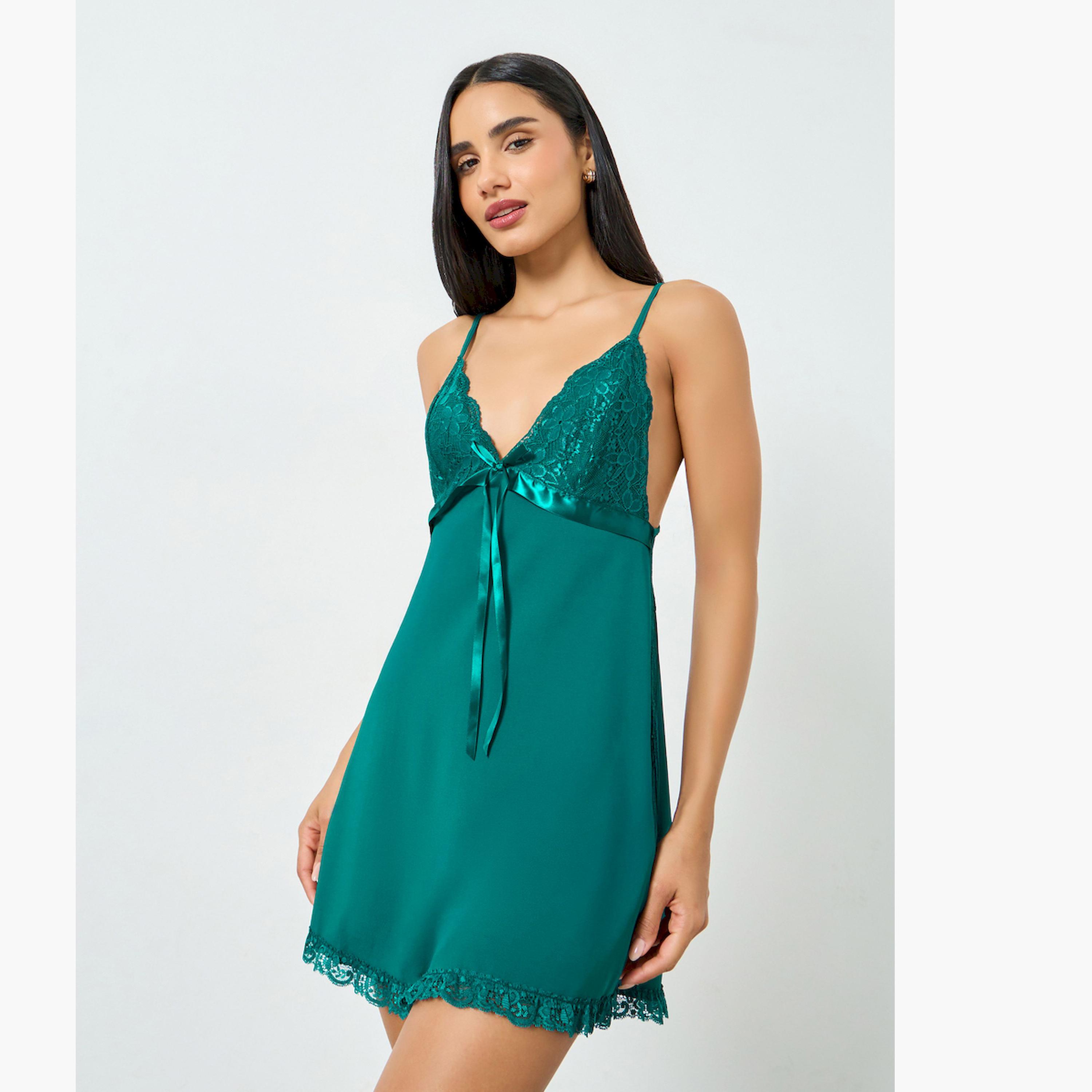 قميص نوم بتفاصيل دانتيل وفيونكة-women-clothing-nightwear-nighties-image-1