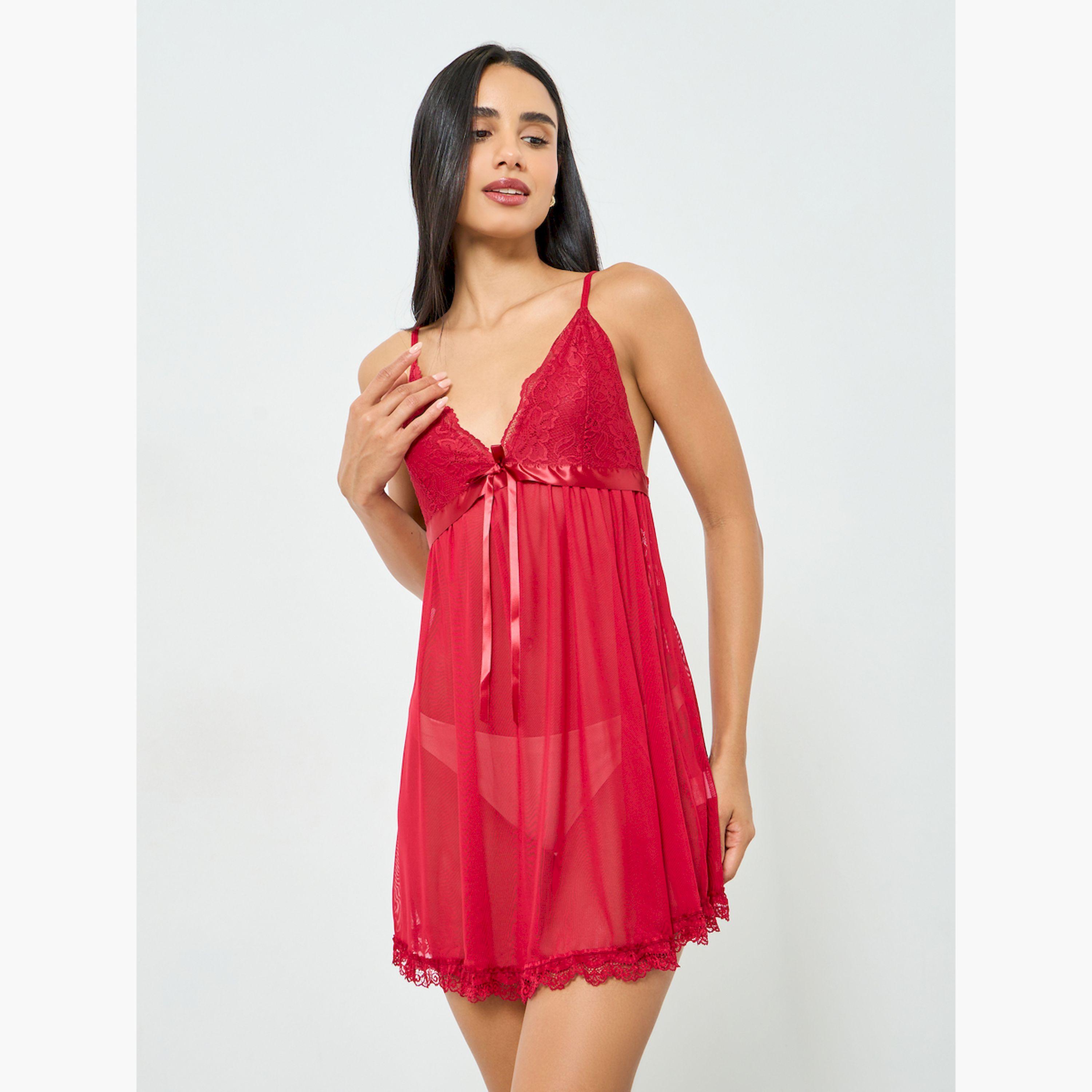 قميص نوم بتفاصيل دانتيل وفيونكة-women-clothing-nightwear-nighties-image-1