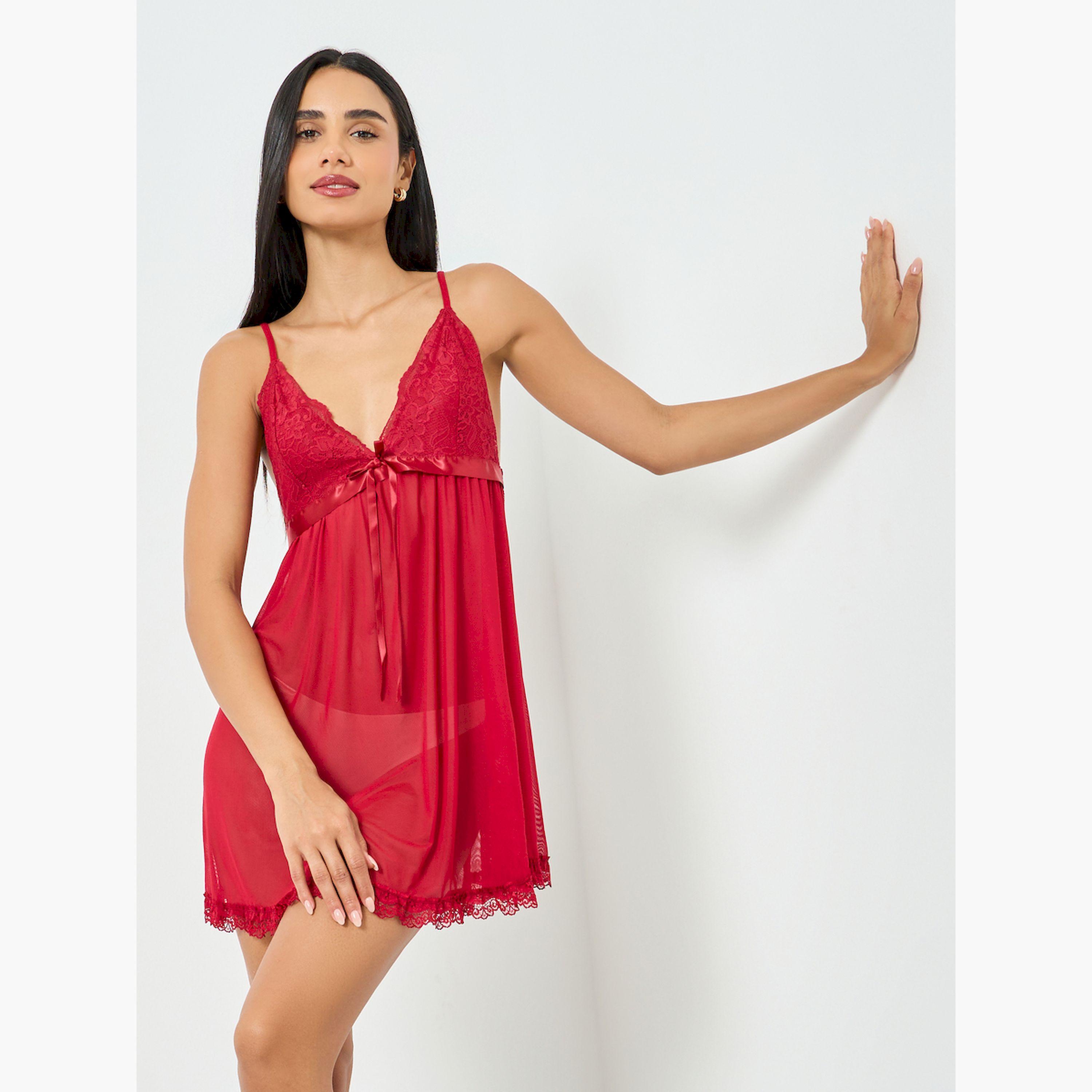 قميص نوم بتفاصيل دانتيل وفيونكة-women-clothing-nightwear-nighties-image-2