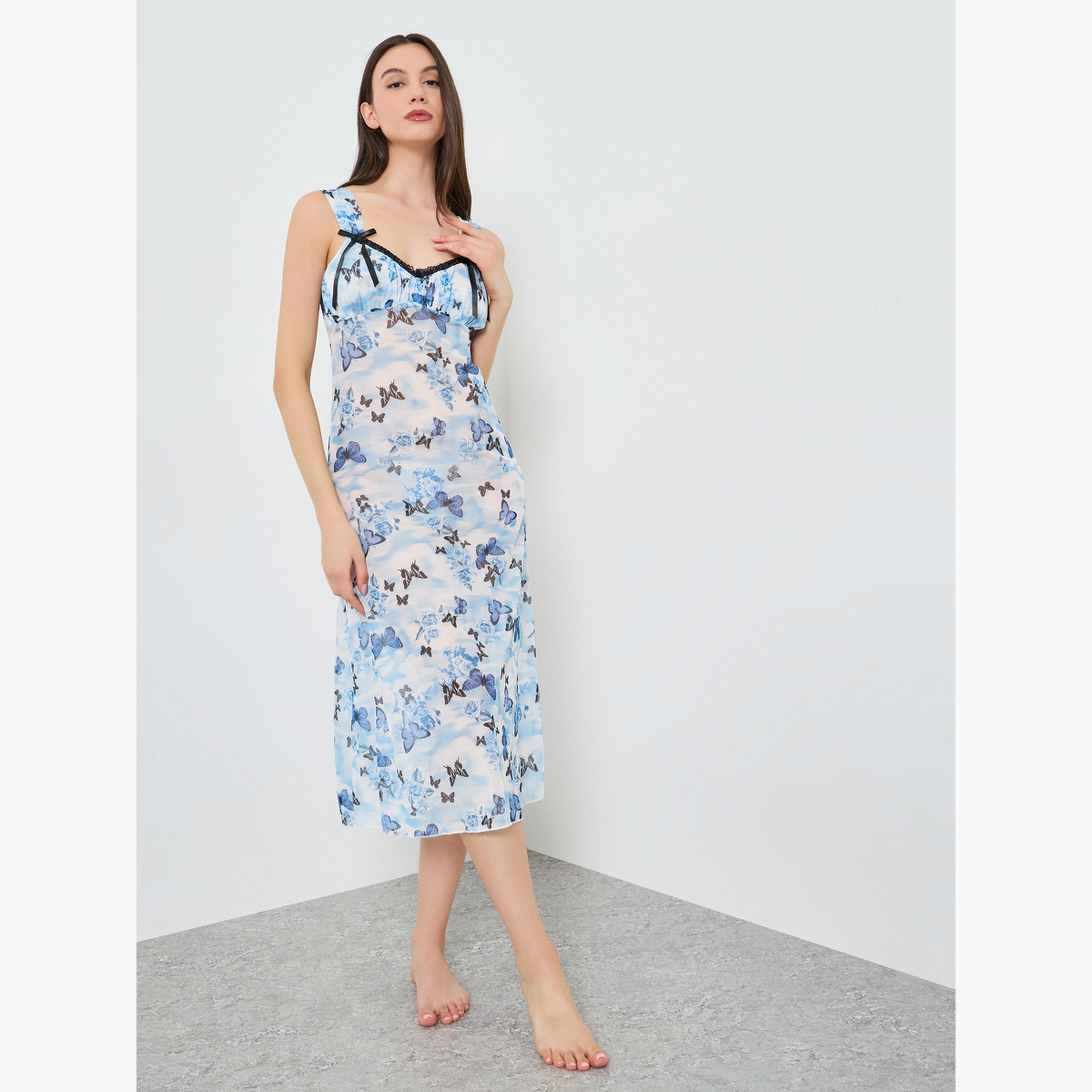 Take Two Blue Butterfly Print Sleeveless Nightdress-women-clothing-nightwear-nighties-image-1