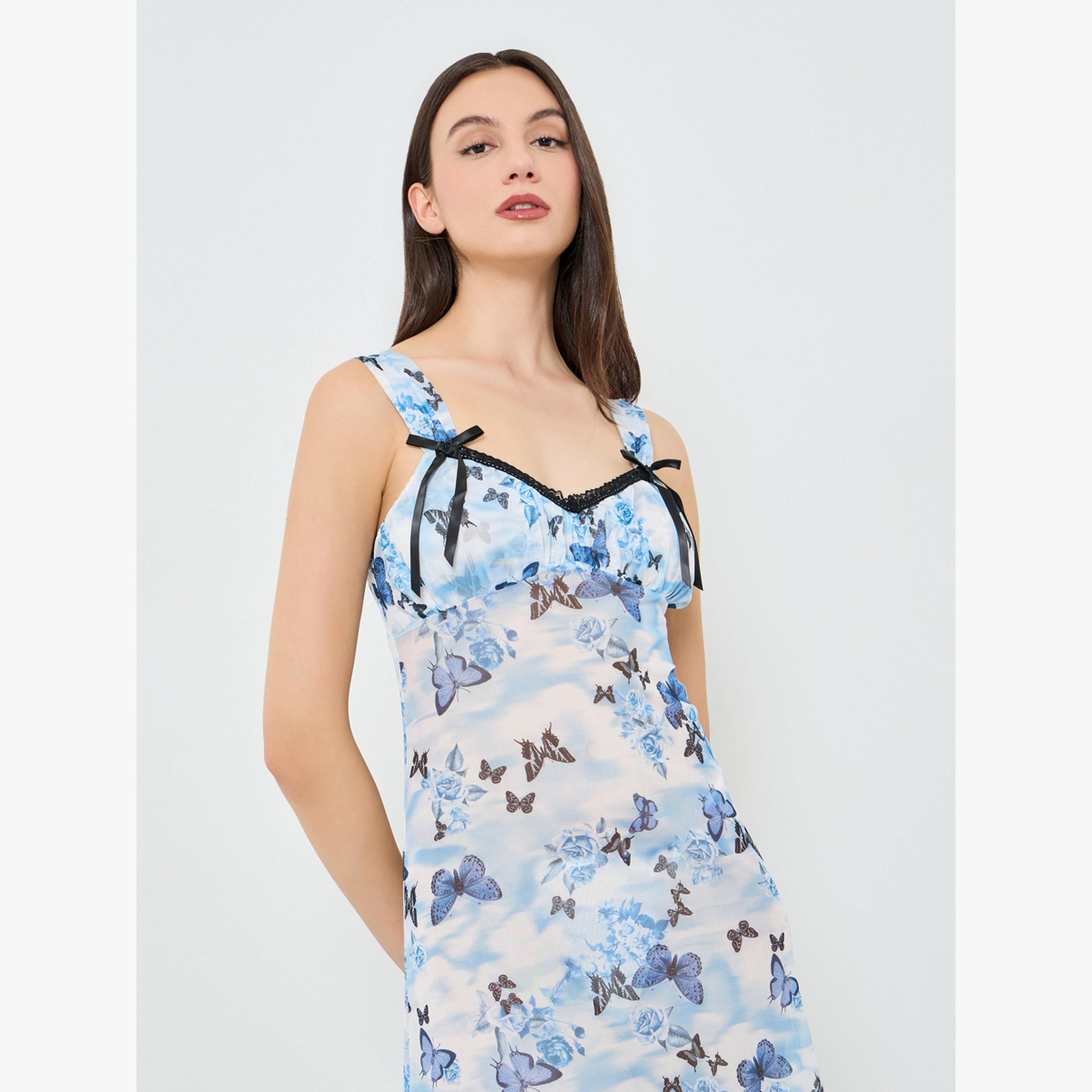 Take Two Blue Butterfly Print Sleeveless Nightdress-women-clothing-nightwear-nighties-image-2