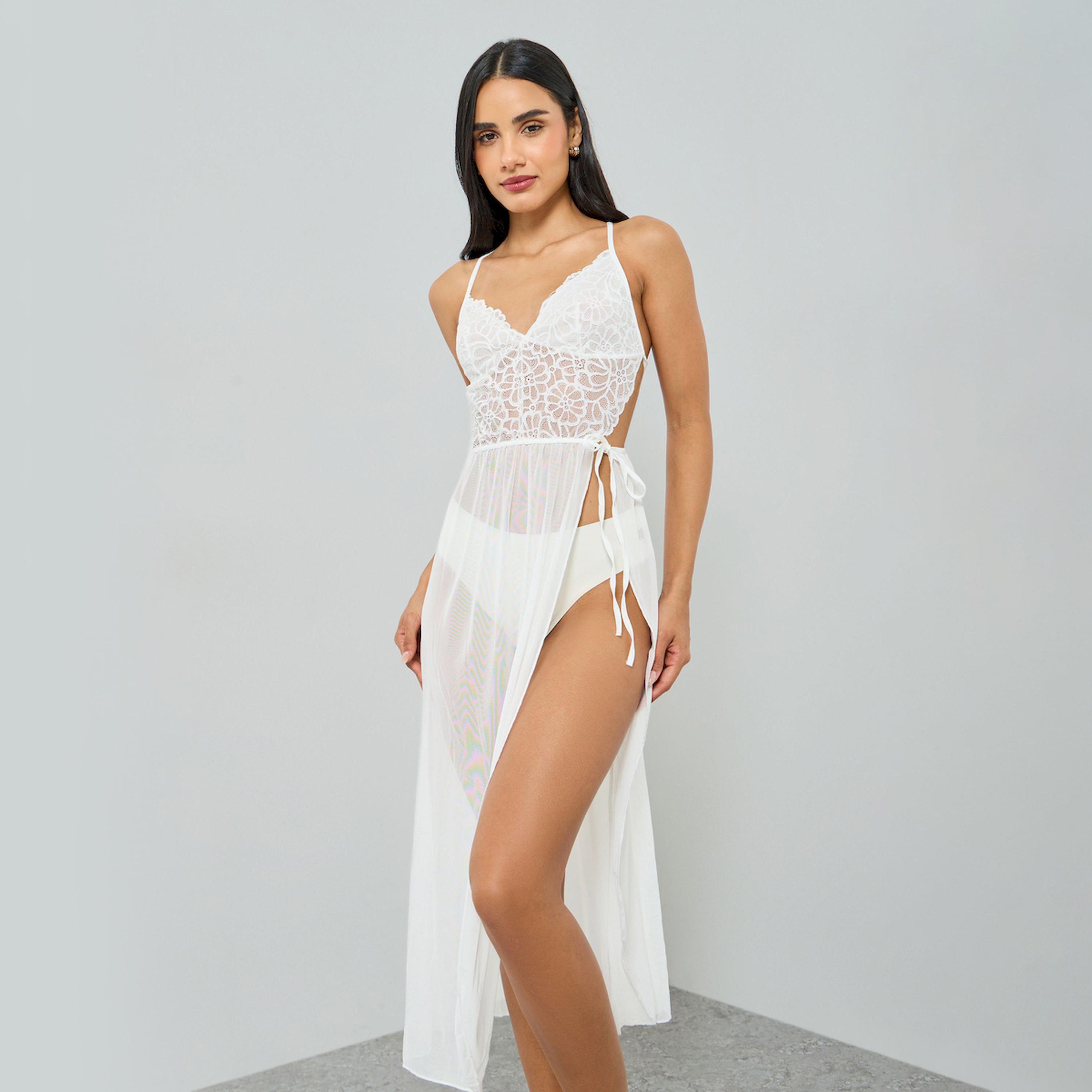 Take Two White Lace Tie-Up Detail Slip Dress-women-clothing-lingerie-babydollsandbodysuits-image-1